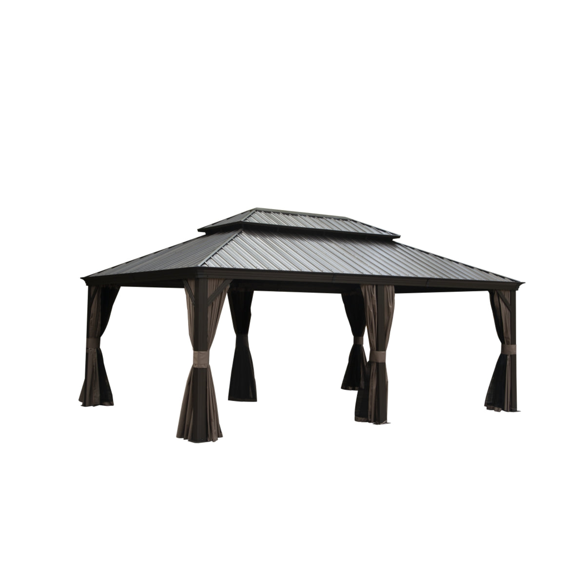 14x20 ft Brown Aluminum Double Roof Hardtop Gazebo with Netting and Curtains