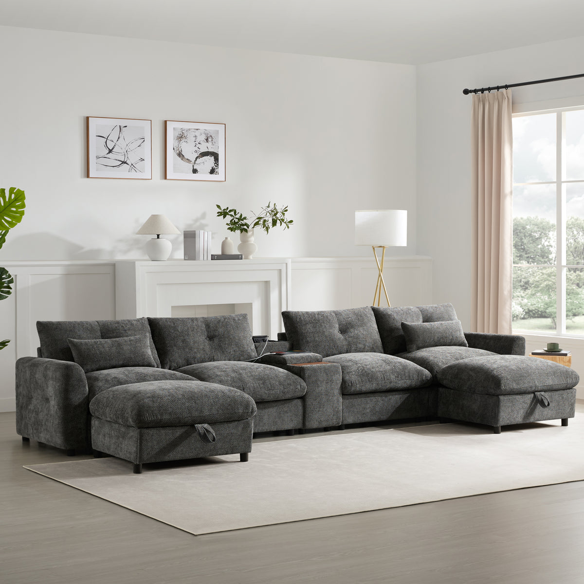 Gray Chenille U-Shaped Modular Sectional with 2 Ottomans, 136 in Wide