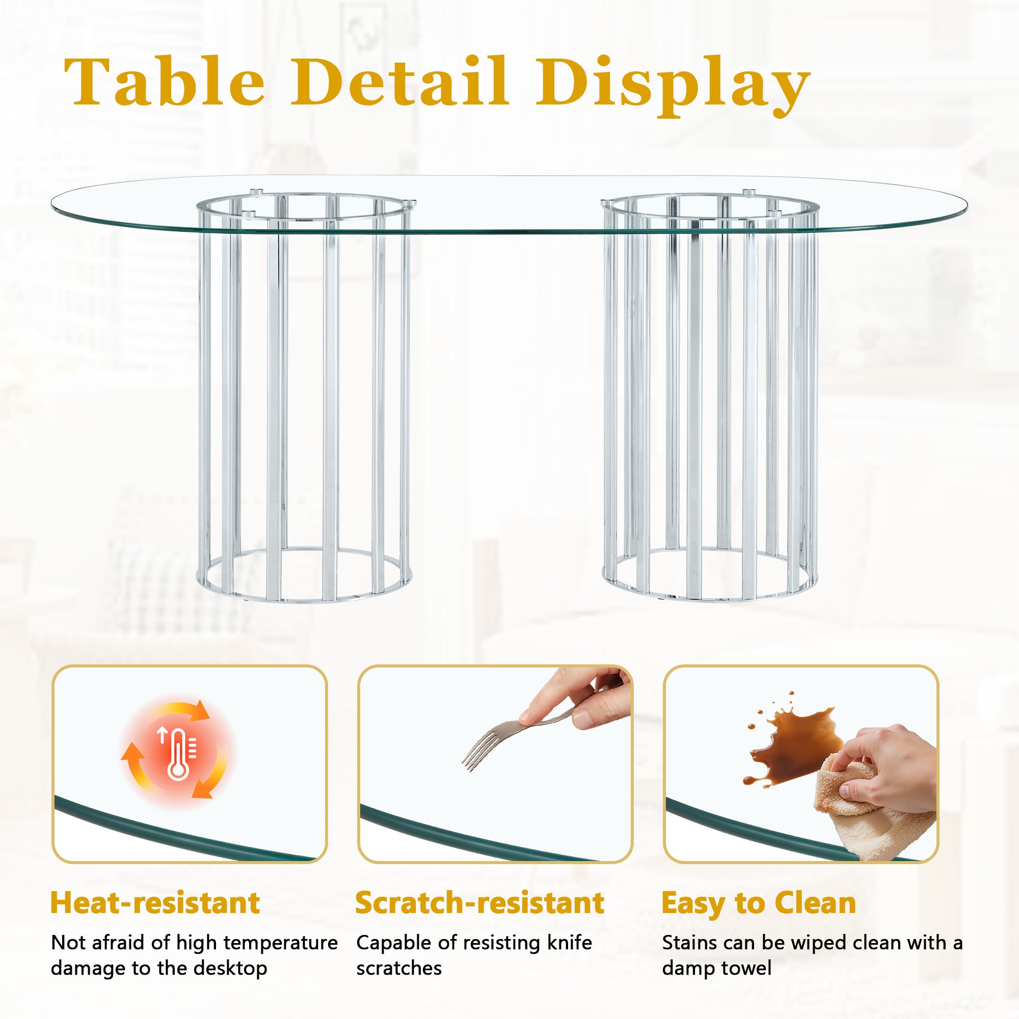 Feature graphic showing the tempered glass top as heat resistant, scratch resistant, and easy to clean.