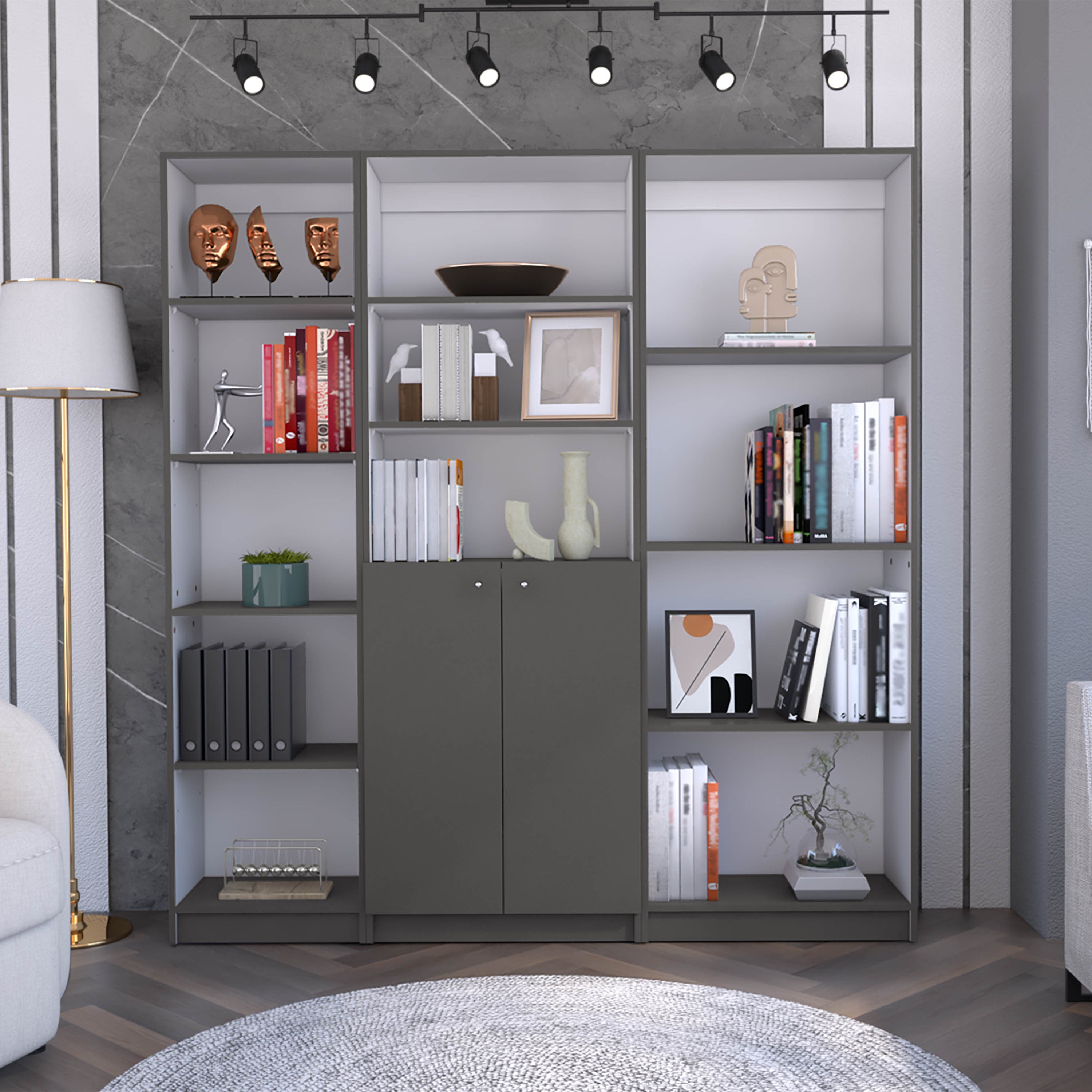 Bookcase with Doors, 67.1 in, Grey, 5 or More Shelves