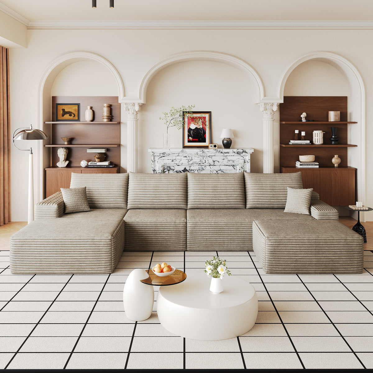 Camel Corduroy L-Shaped Sectional with Ottoman, Left-Facing