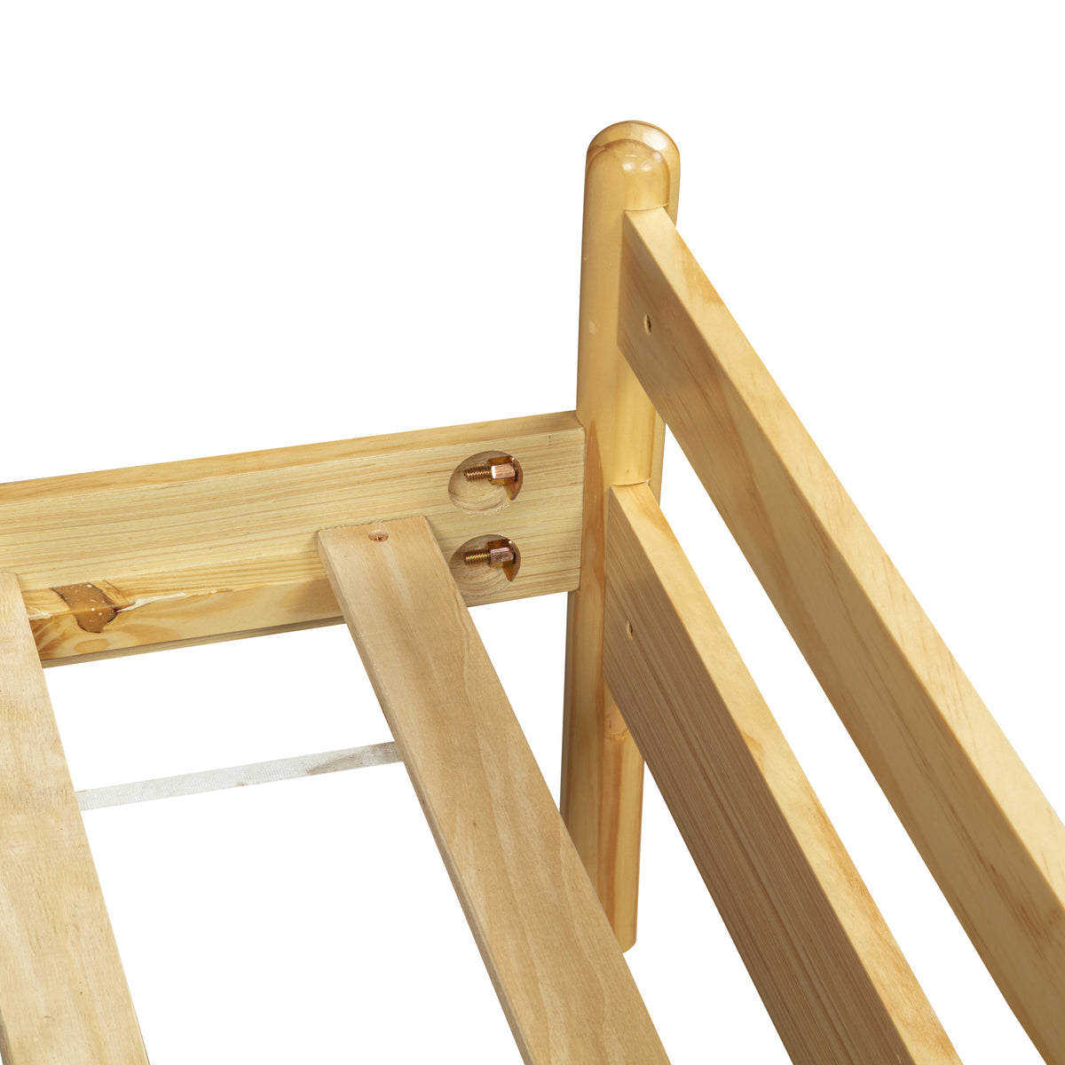 Detail of the center support rail and legs under the natural pine frame