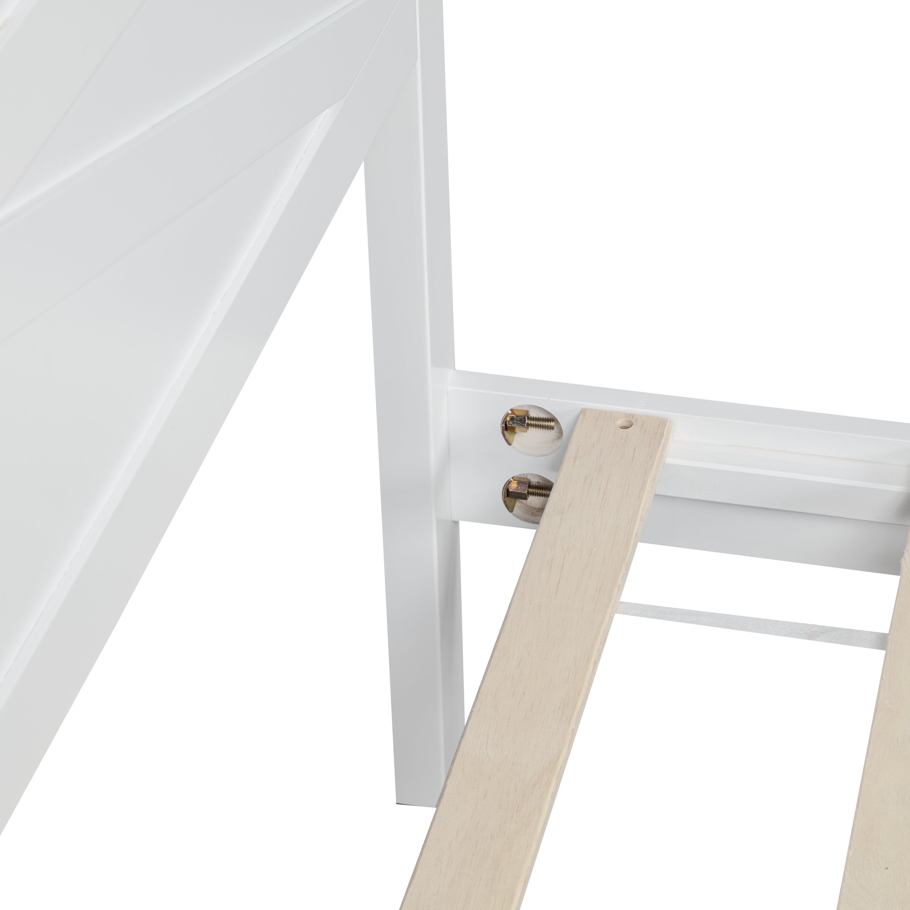 Close-up of the white headboard side post joint beside the wood slats