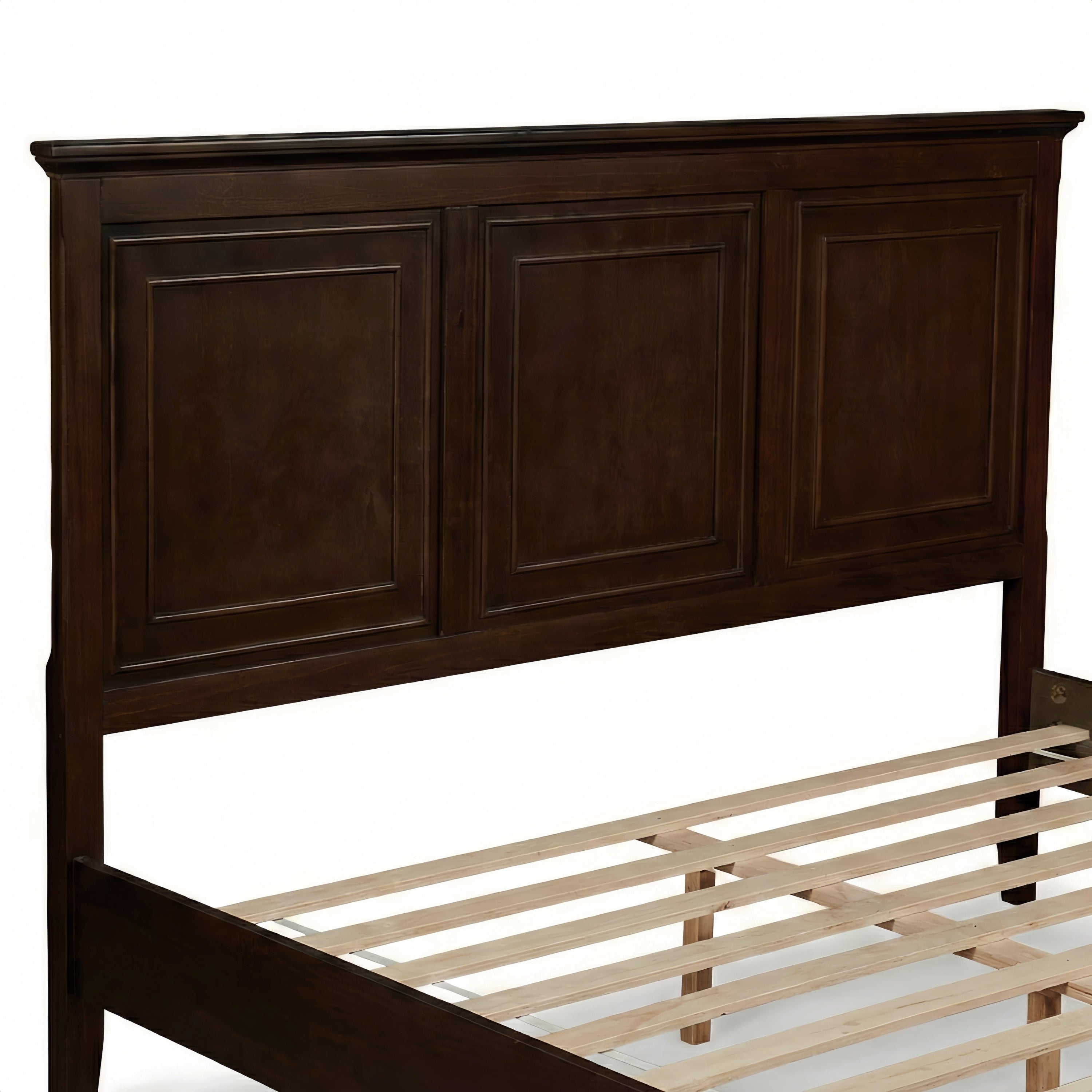 Close-up of the upper left corner molding on the brown queen bed panel headboard