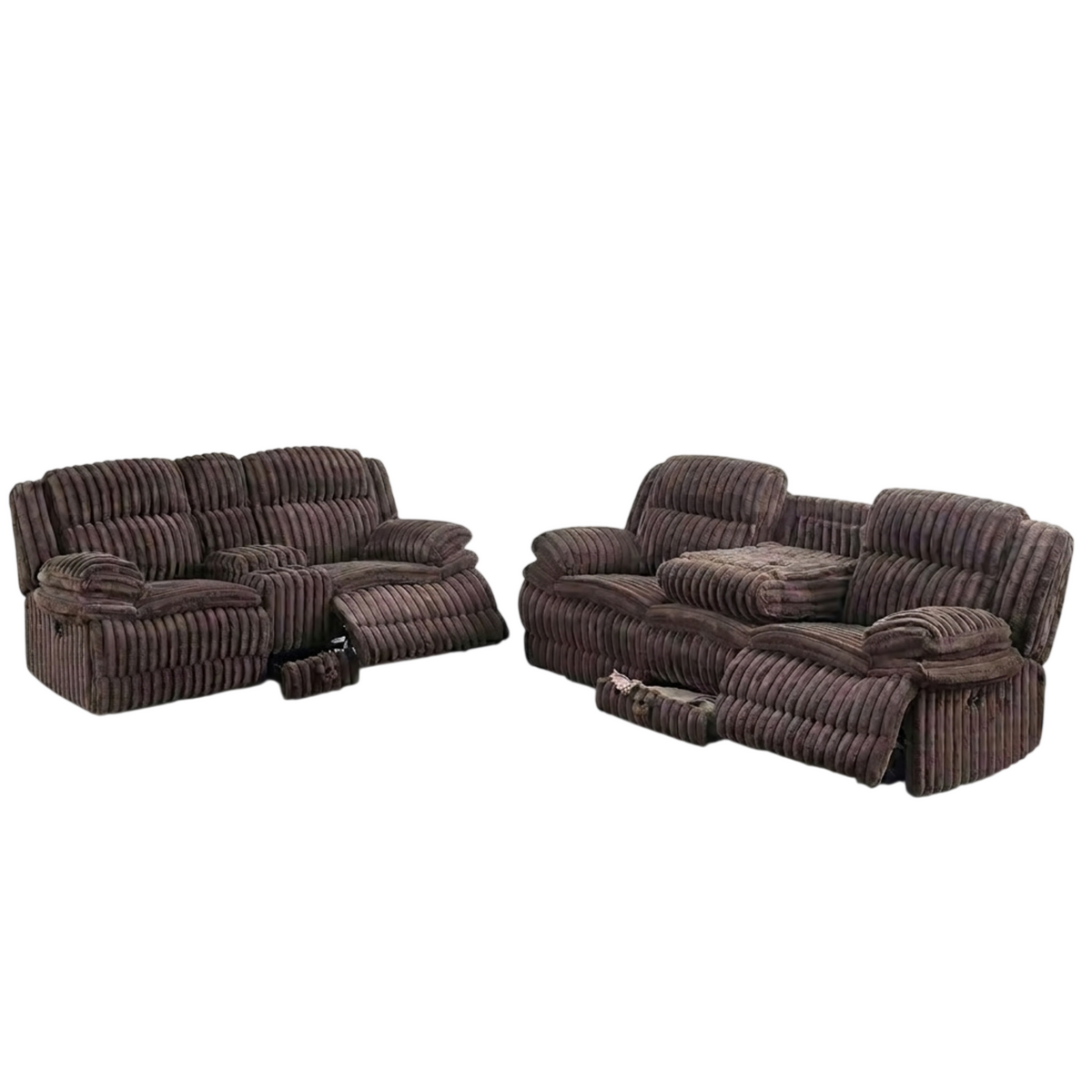 Chocolate Corduroy Reclining Sofa and Loveseat Set with Console