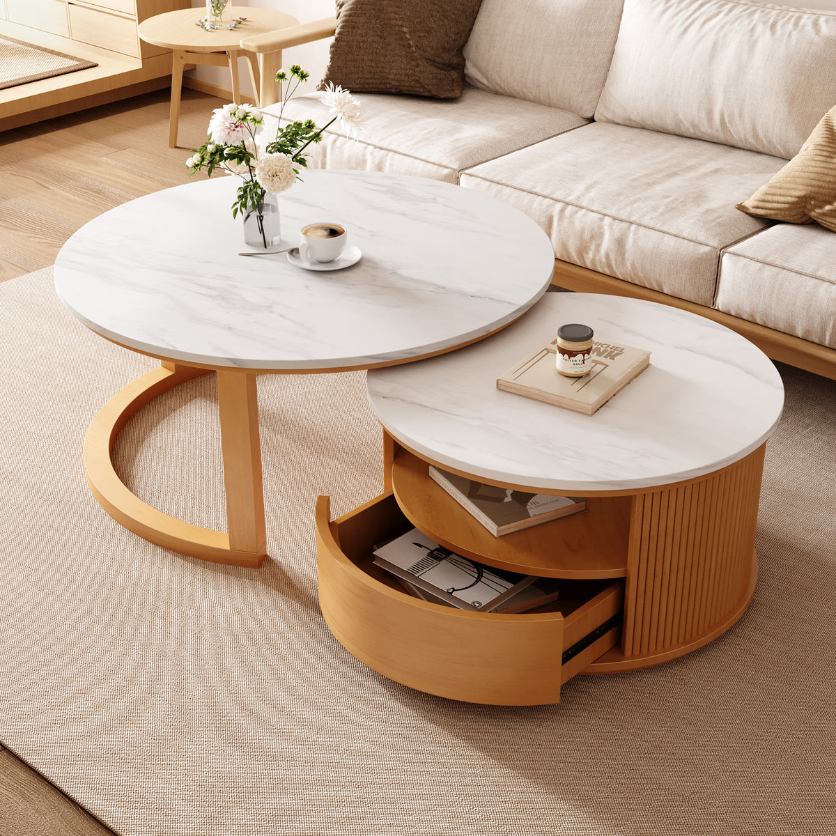 Natural Round Coffee Table, 1 Drawer, 28.5 in