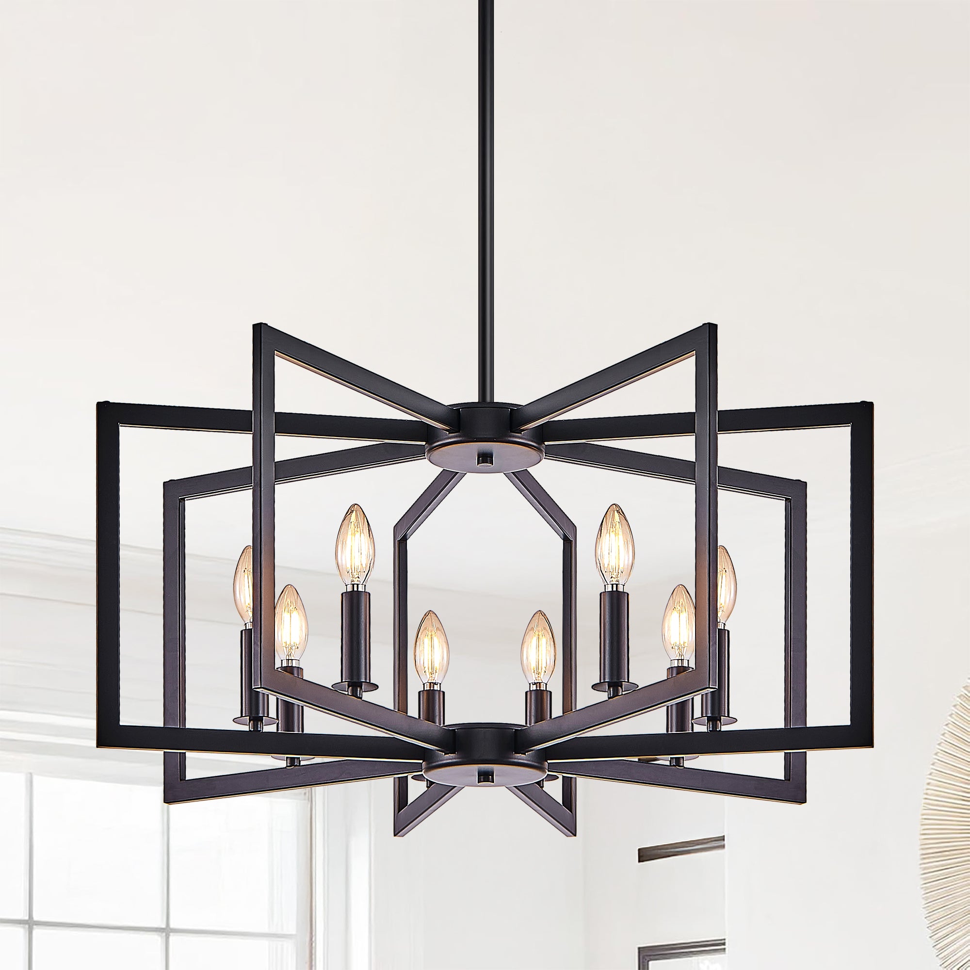 Chandelier, 8-Light Geometric Iron Design, Black