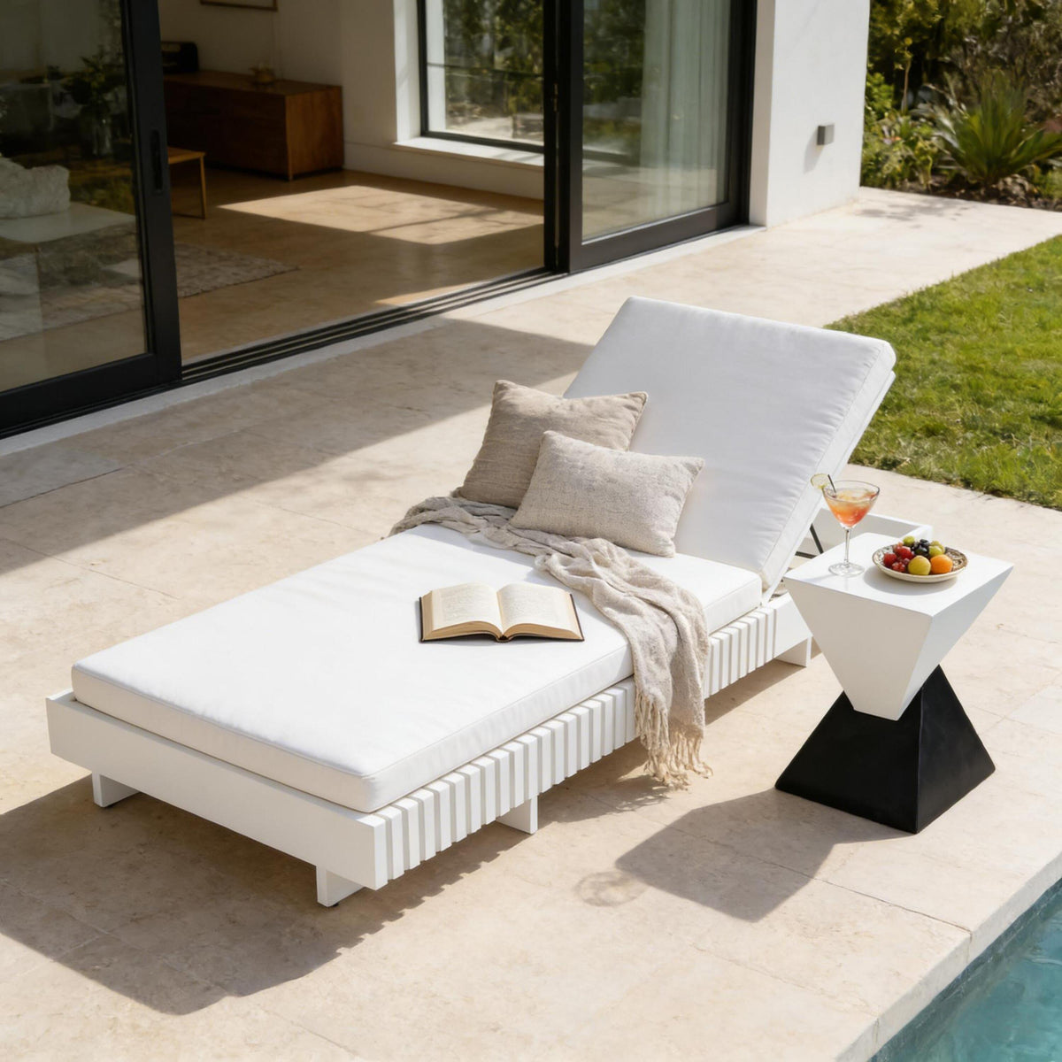White Solid Wood Outdoor Chaise Lounge, Cream Cushion