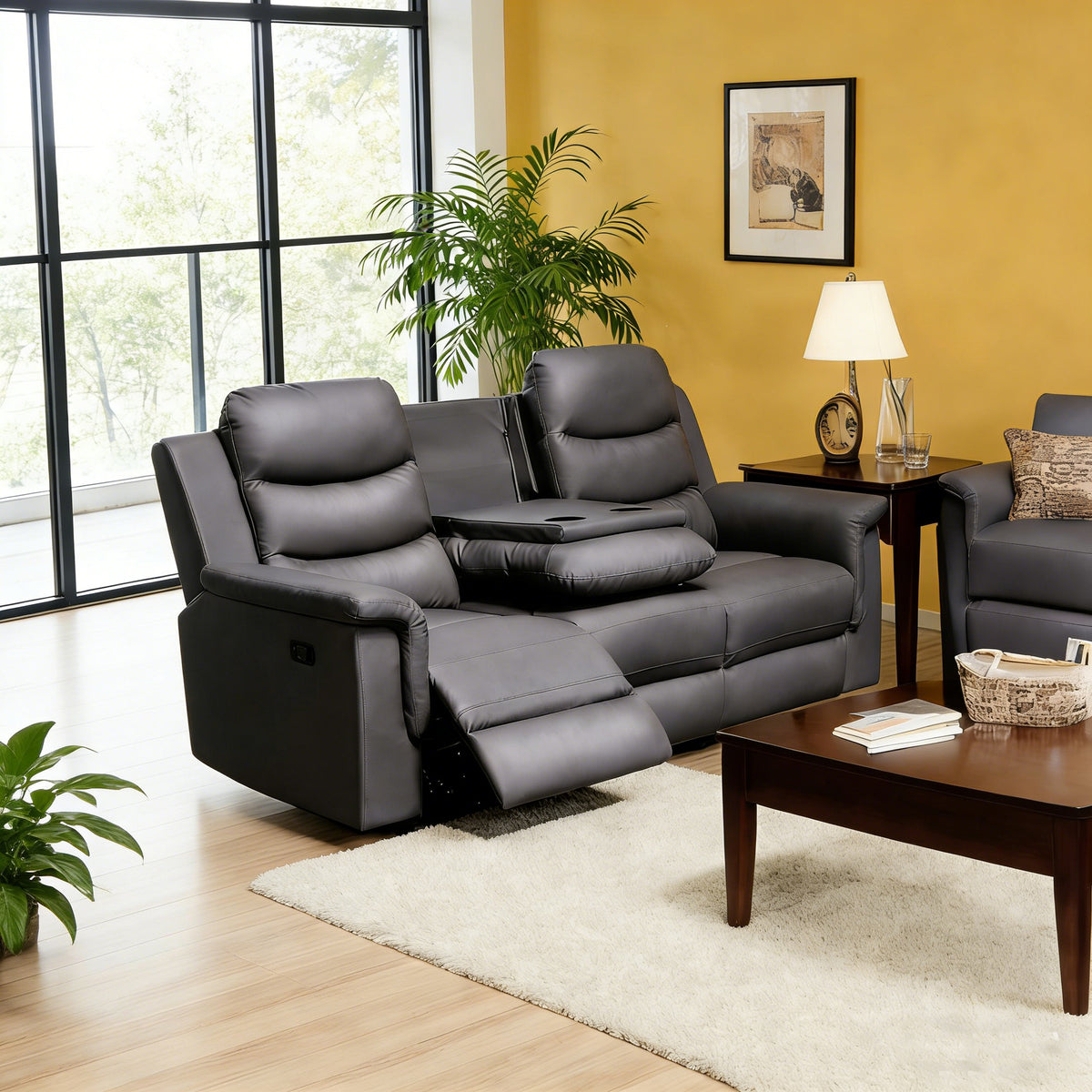 Black Vegan Leather Reclining Sofa with Console, 78.7 in Wide