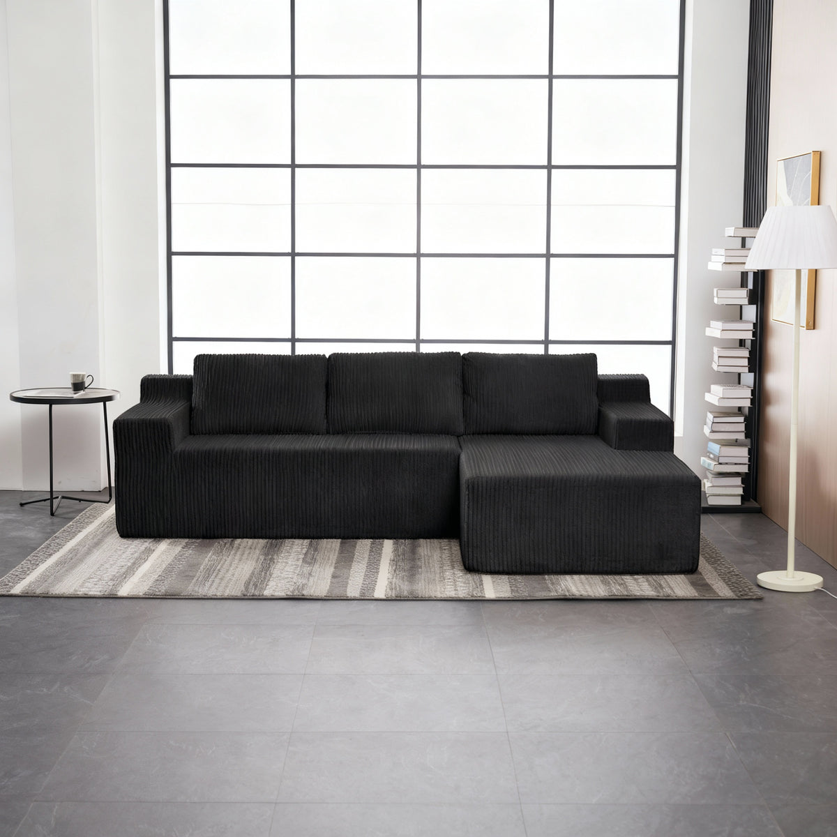 Black Corduroy L-Shaped Modular Sectional, 96.5 in Wide, Right-Facing