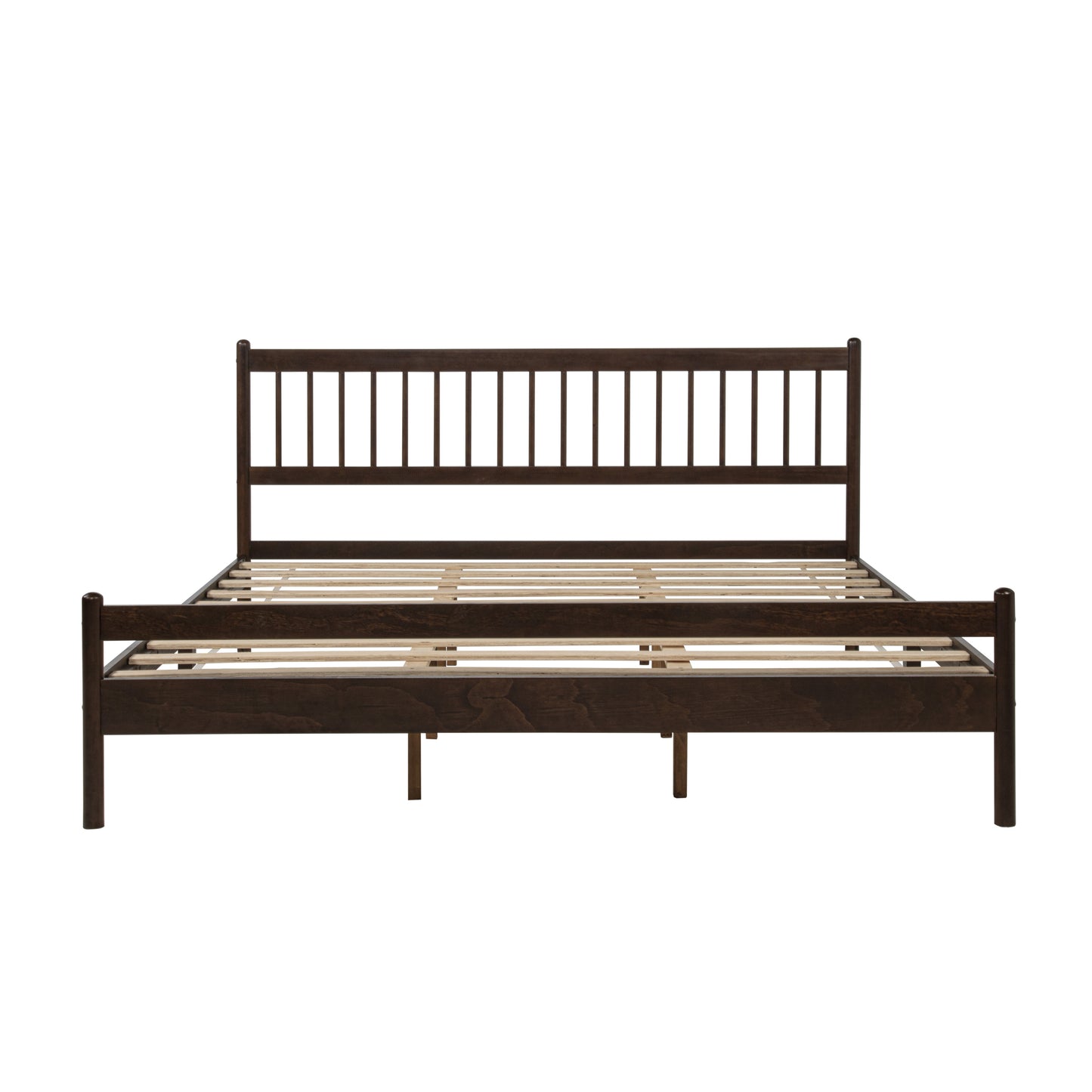 Front-facing studio shot of complete brown pine king bed frame