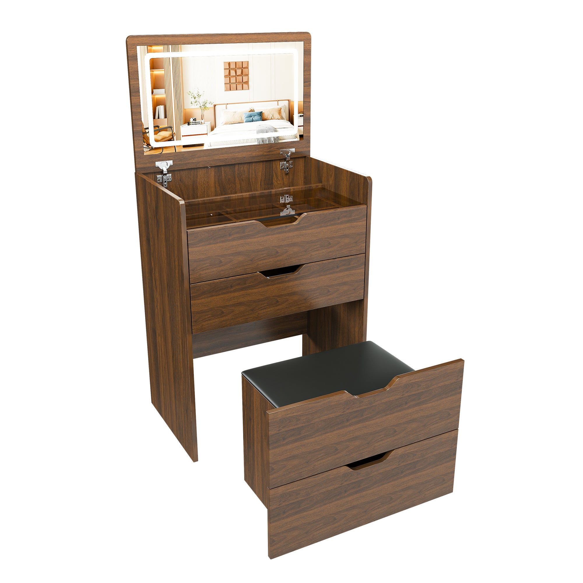 3-in-1 Vanity Desk with Flip Top Lighted Mirror, Walnut