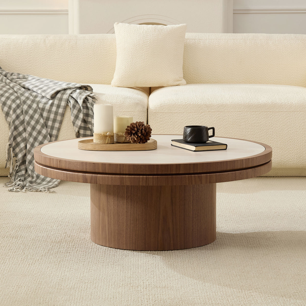 Walnut Sintered Stone Round Coffee Table, 35.4 in, Pedestal Base