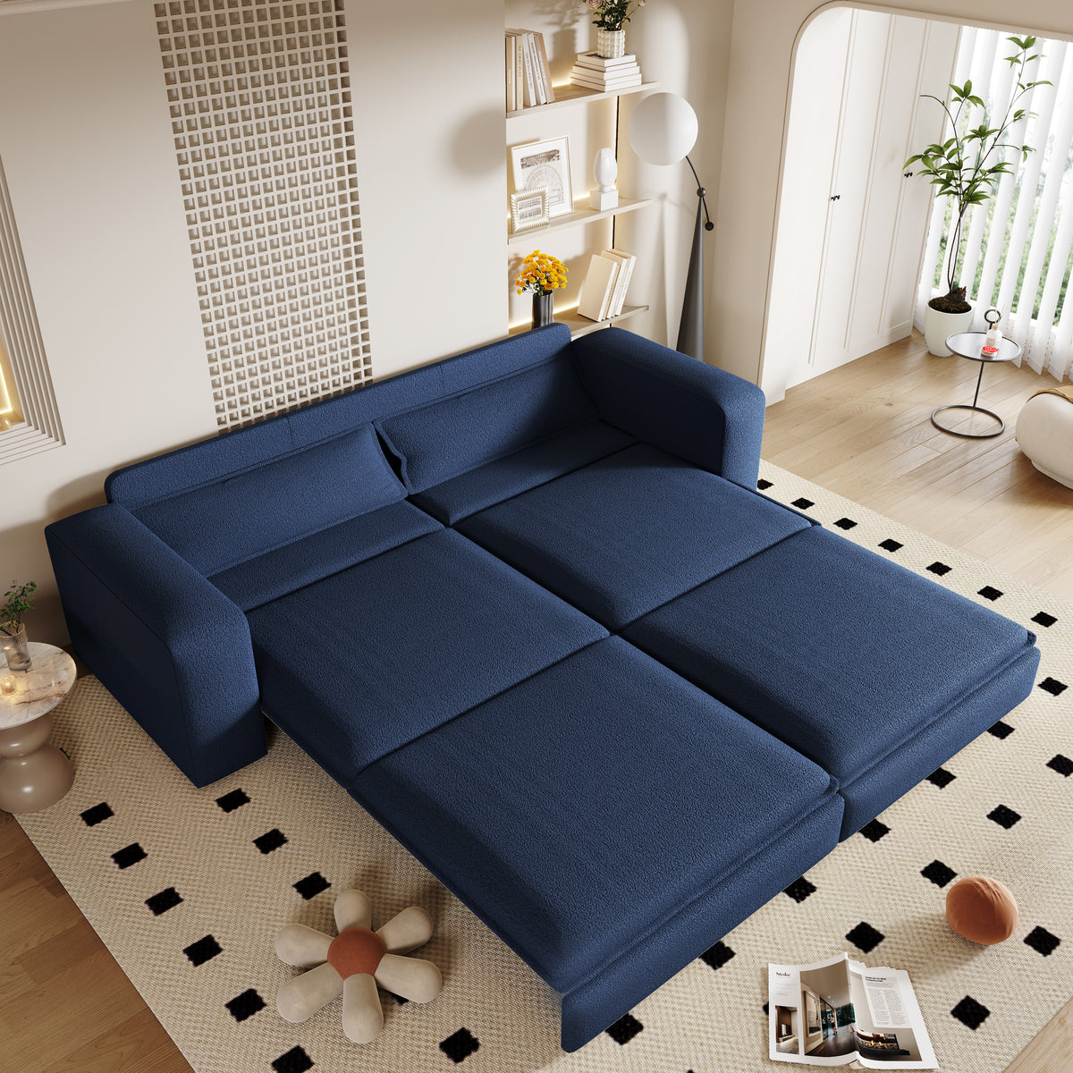 Blue Sherpa 3-Seat King Sleeper Sofa, 93 in Wide