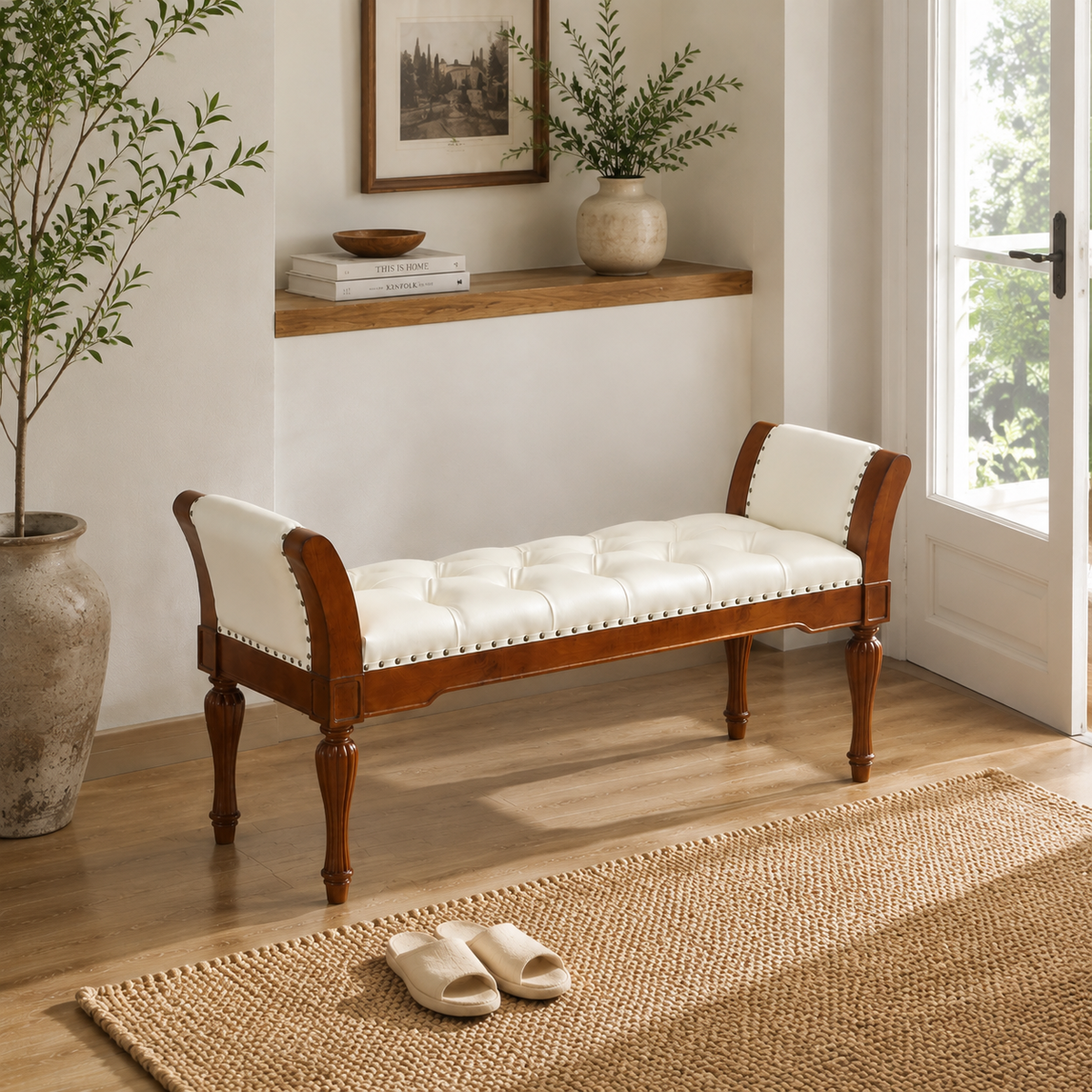 Beige Vegan Leather Tufted Ottoman Bench, 54 in