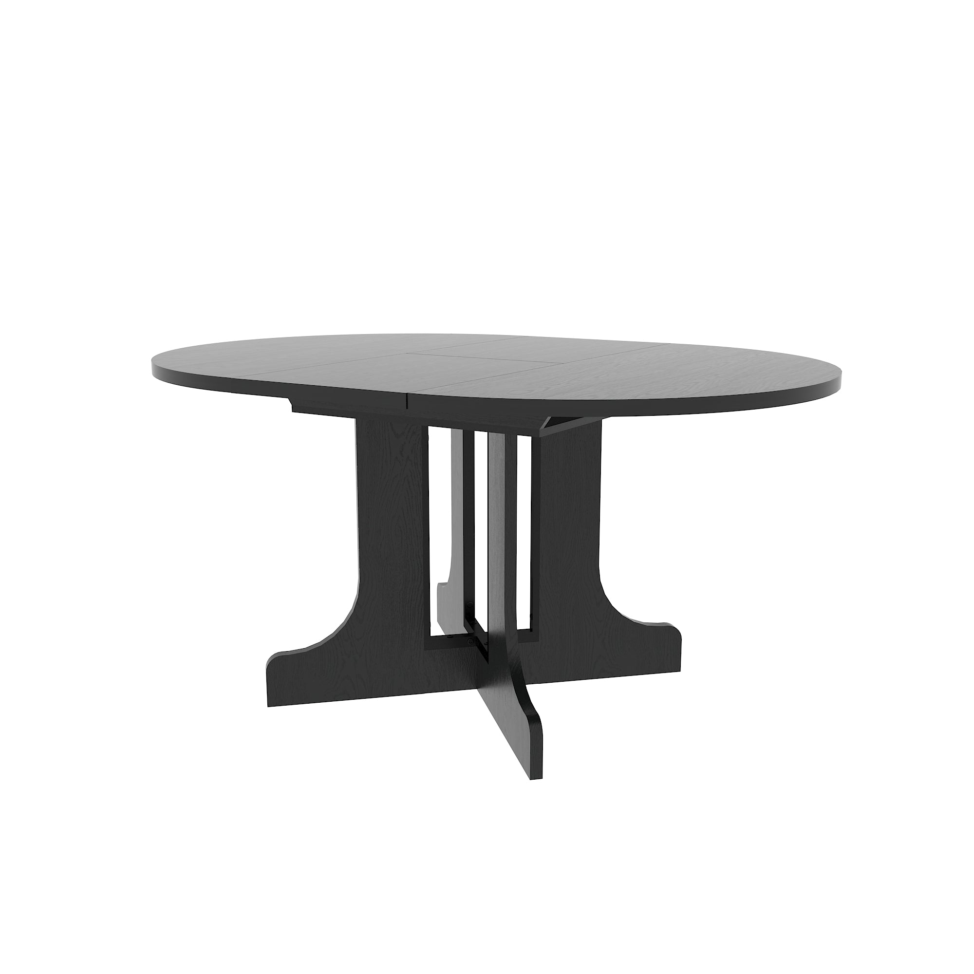 Round black dining table with an X-shaped pedestal base, three-quarter view on white