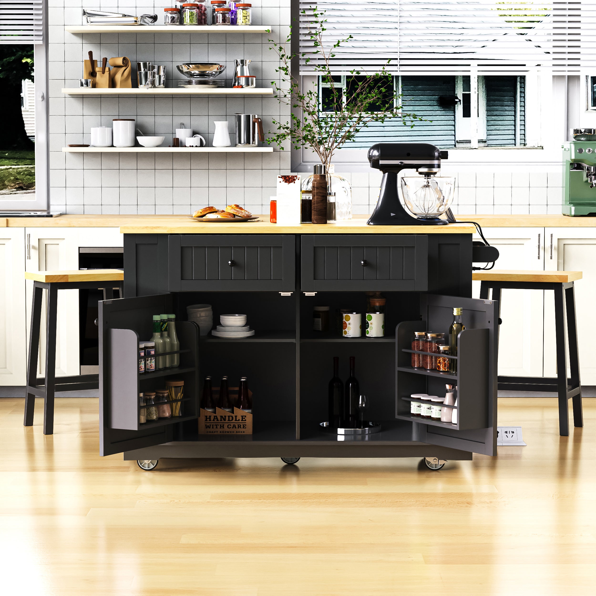 48in Kitchen Island with 2 Bar Stools, Black, Drop-Leaf & Outlet