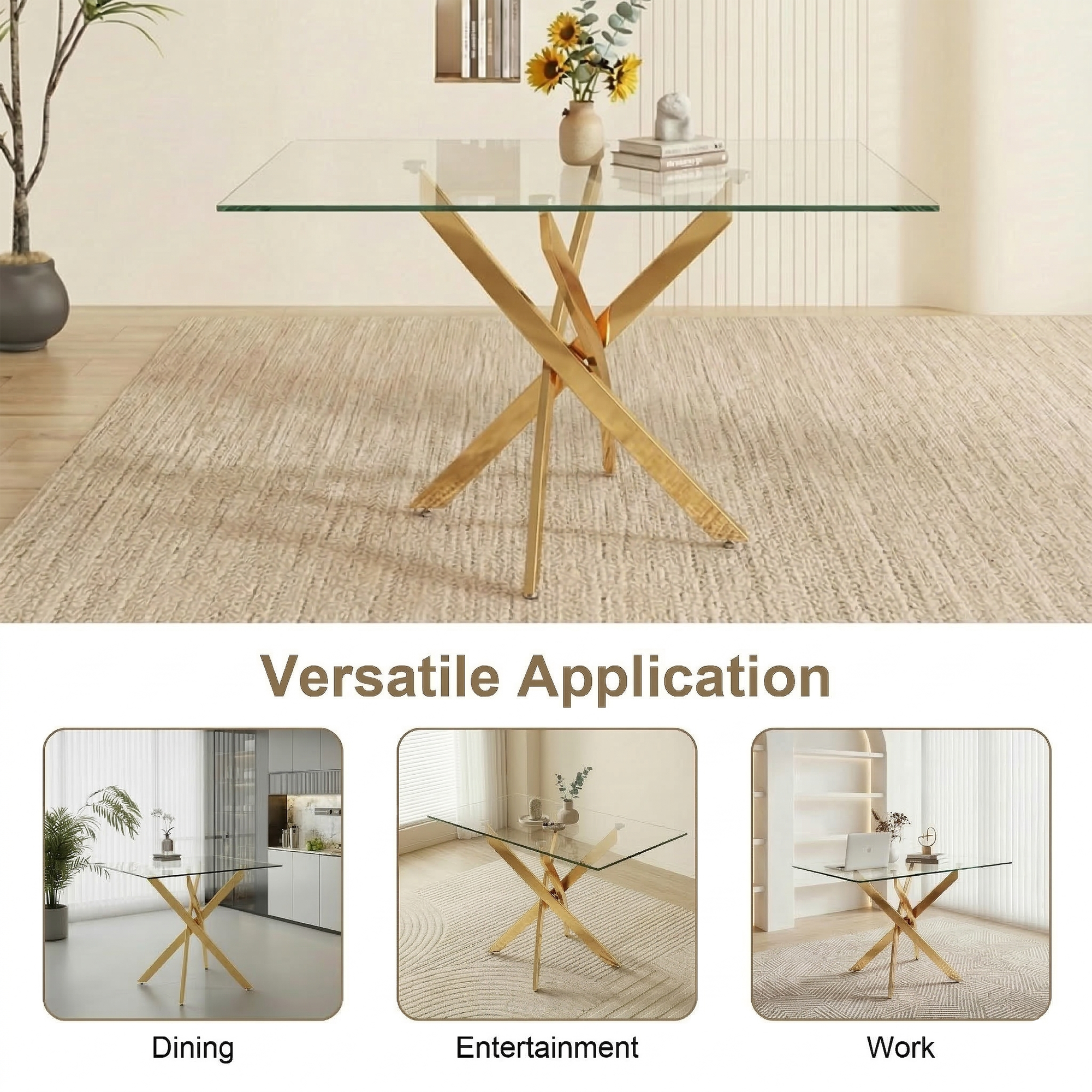 Feature graphic showing the gold-leg glass table used for dining, entertainment and work
