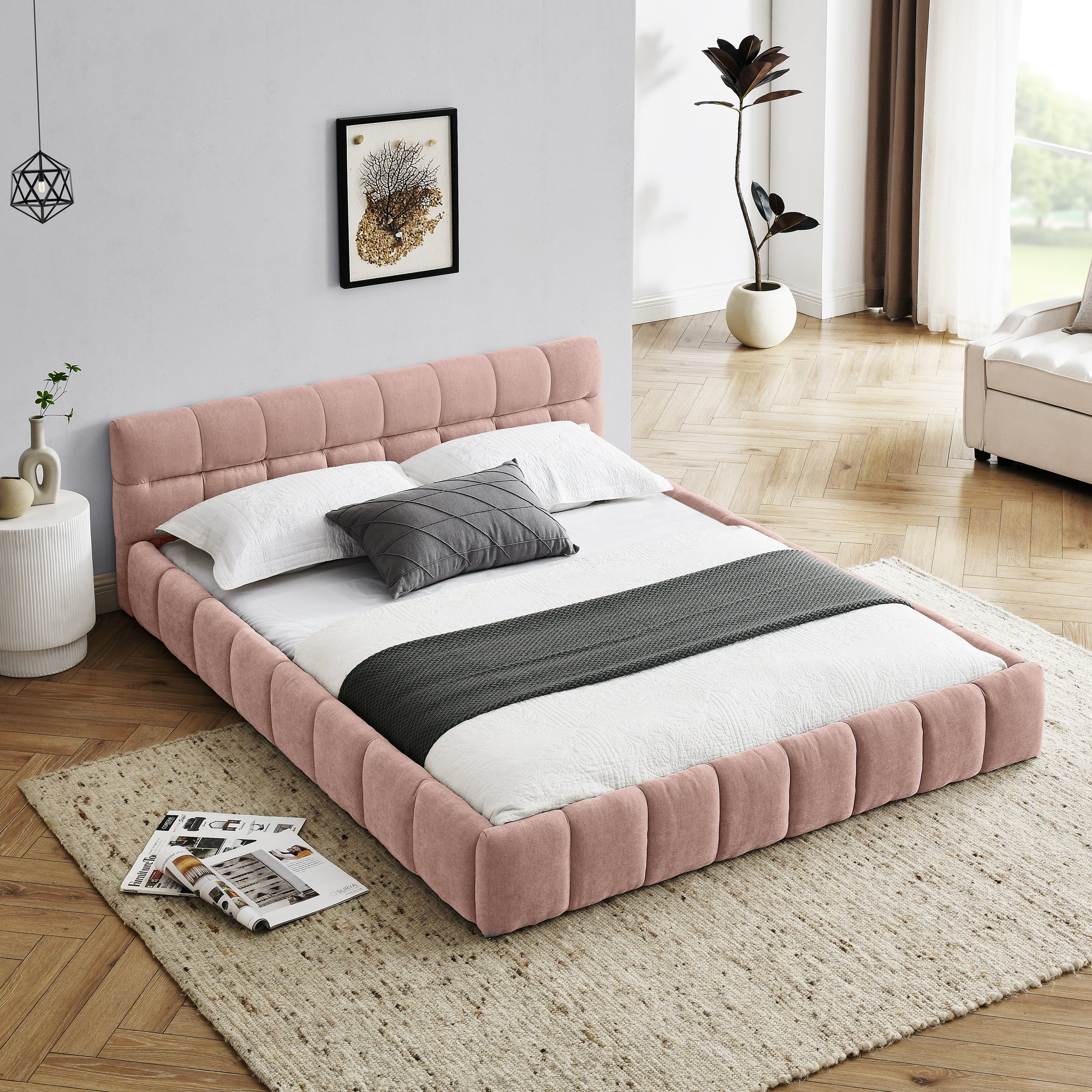 Pink chenille grounded queen bed styled with white and grey bedding, low channel-tufted headboard #Color_Pink
