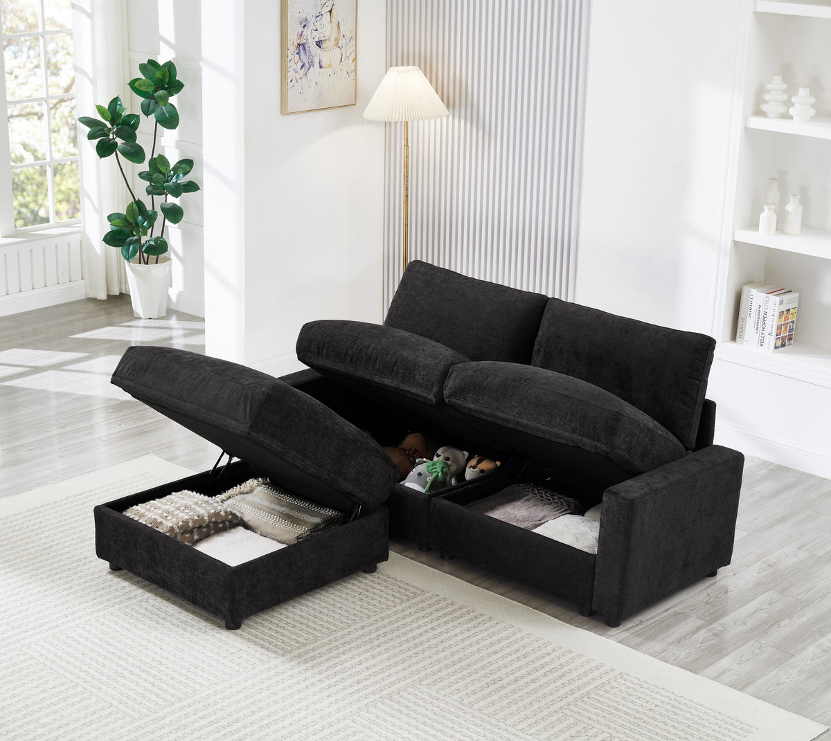 Black L-Shaped Modular Sectional Couch with Ottoman, 72 in Wide