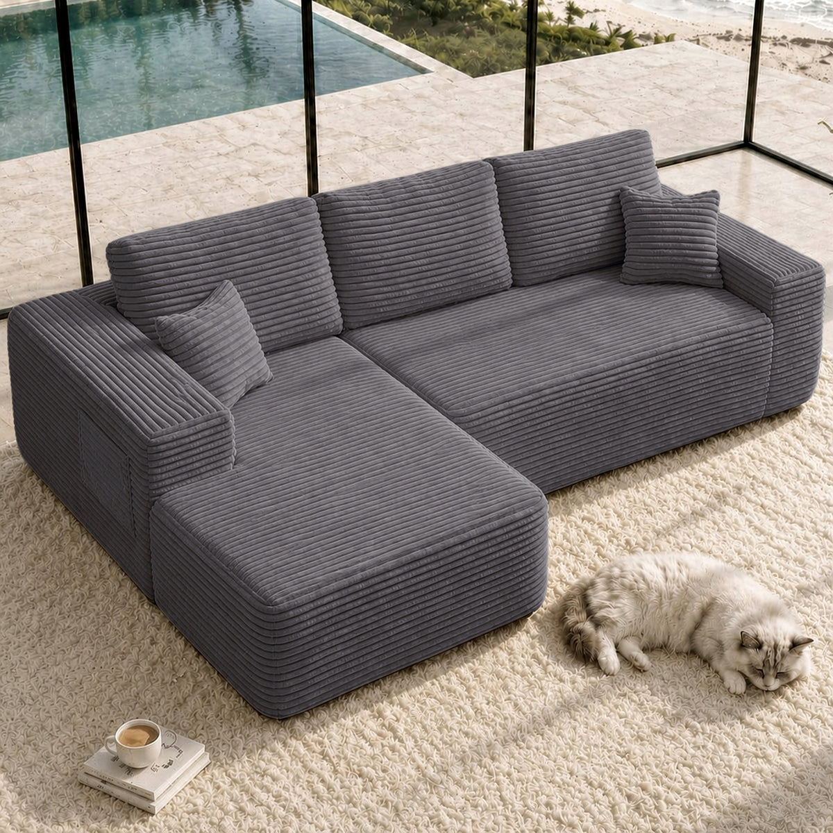 Gray L-Shaped Modular Sectional, 104 in Wide, Left-Facing Chaise