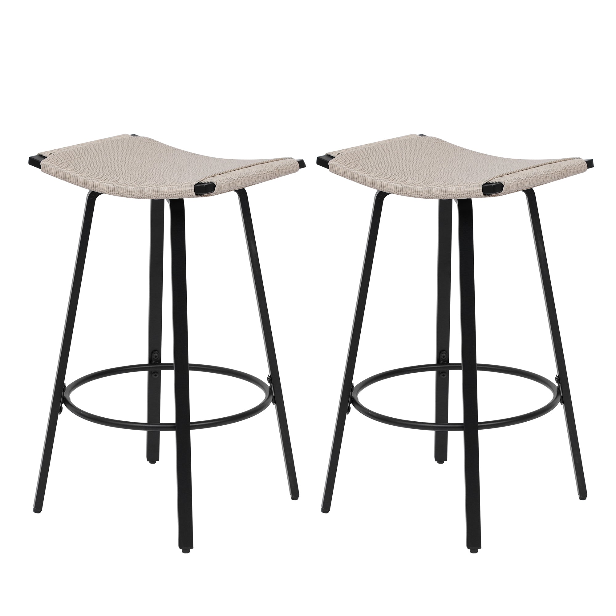 Counter Stool Set of 2, Backless Woven Seat in Black and Cream