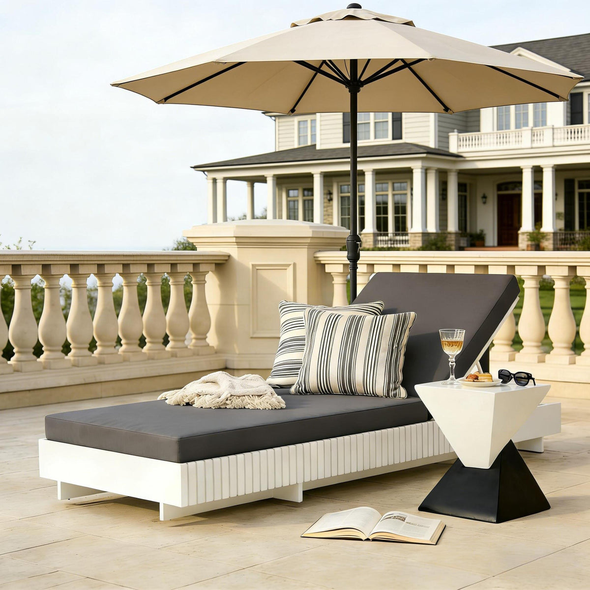 White Solid Wood Outdoor Chaise Lounge, Dark Gray Cushion