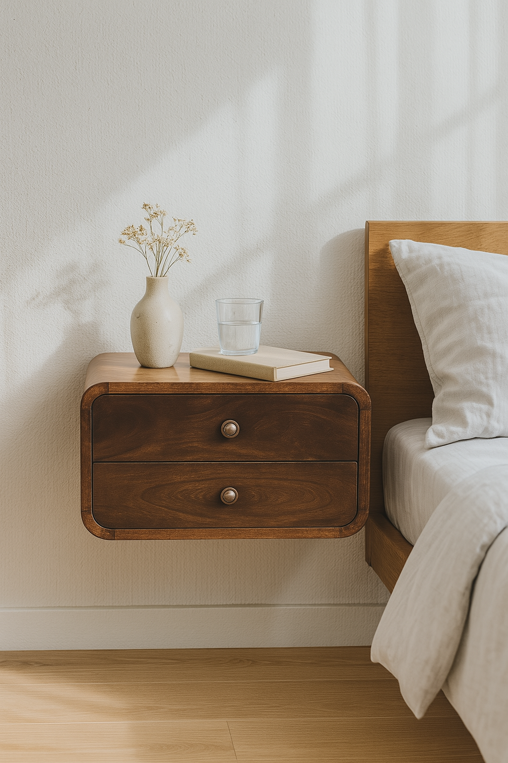 Curved Floating Nightstand, 2 Drawers, Solid Mango Wood, Walnut