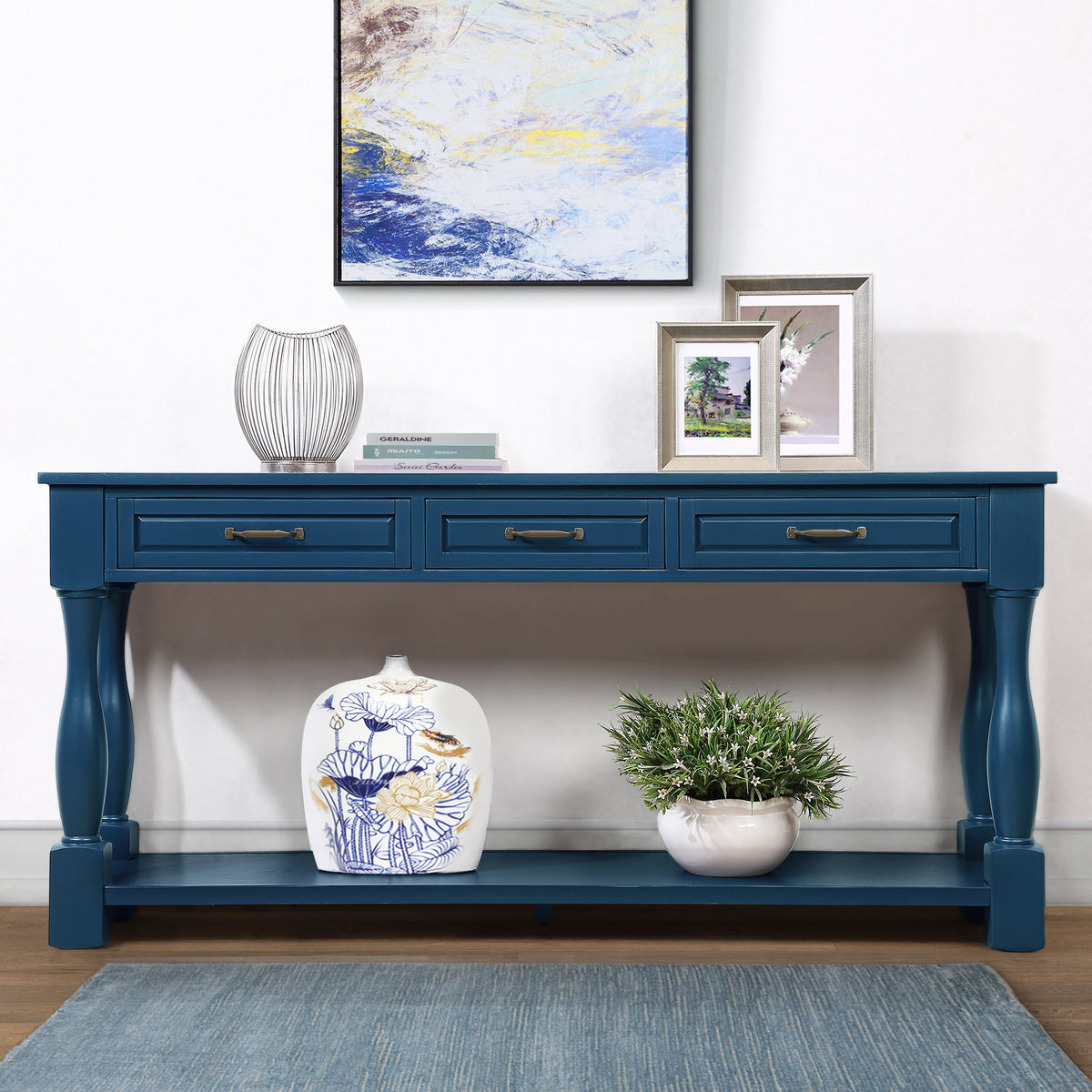 Navy Blue Entryway Console Table, 3 Drawers, 63.4 in Wide