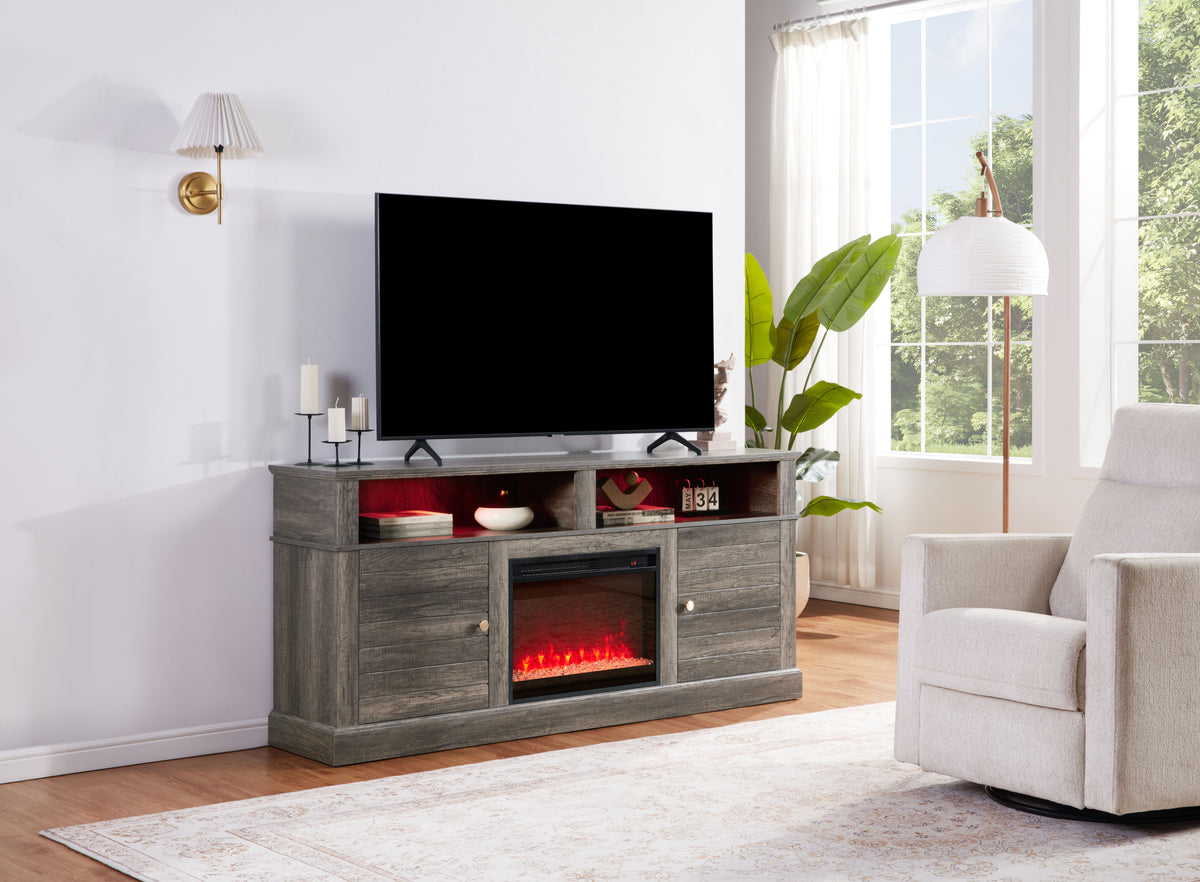 Gray Fireplace TV Stand, LED Lights, 70 in Wide, Panel Doors