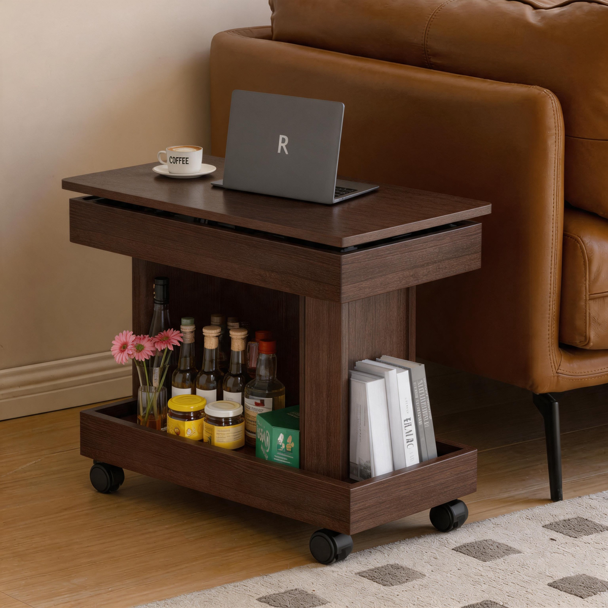Walnut Rectangular Side Table with Storage, 26.8 in