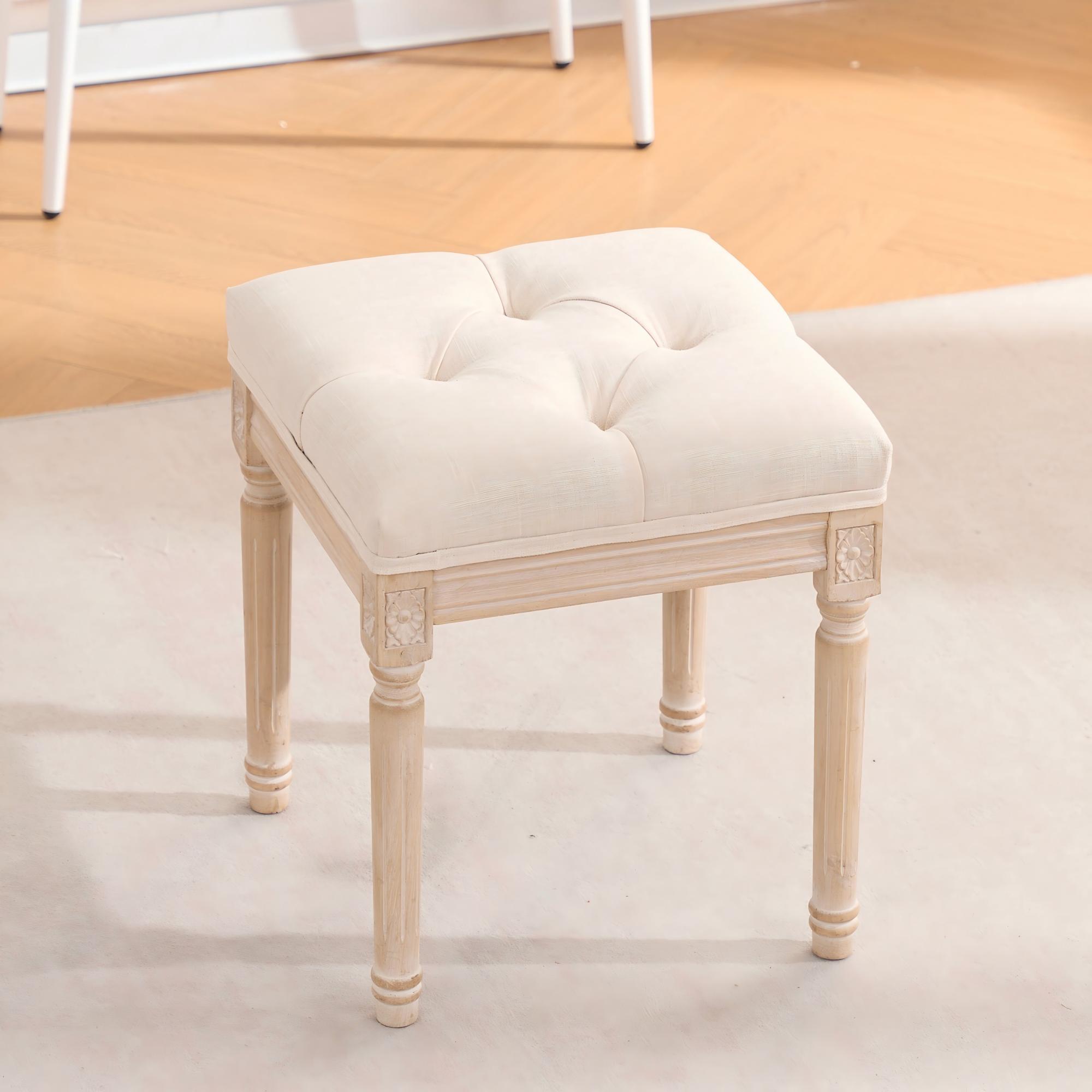 Upholstered Tufted Bench, Linen Beige with Wood Legs