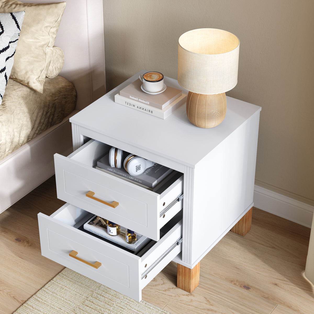 White Fluted Nightstand with 2 Drawers and Wood Legs