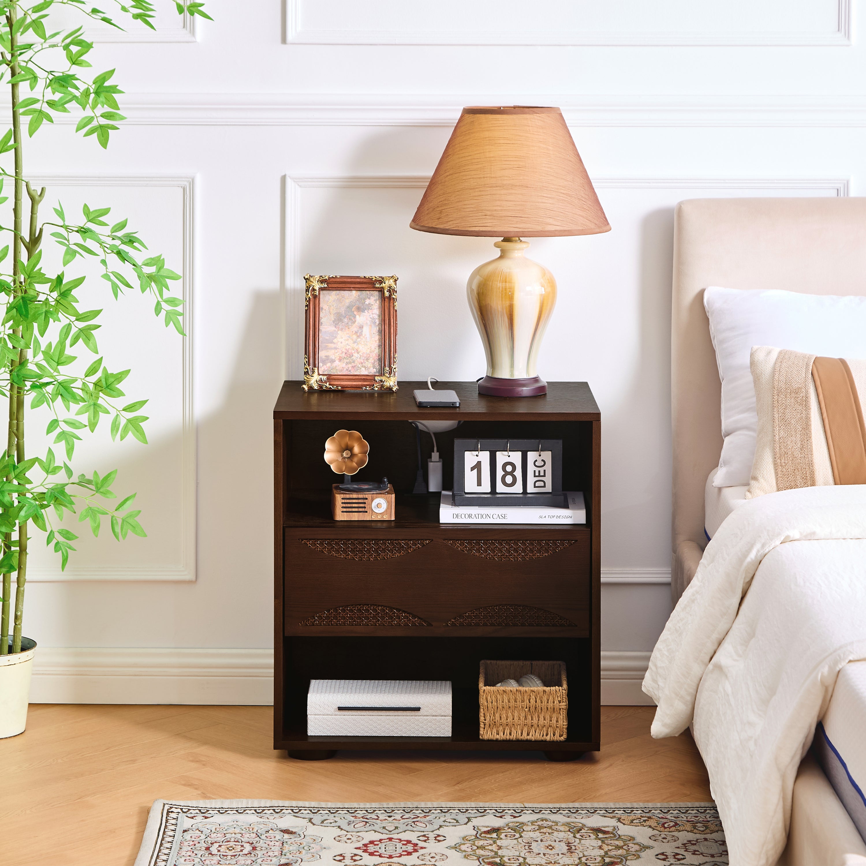 Rattan 1-Drawer Nightstand with Charging Station, Walnut