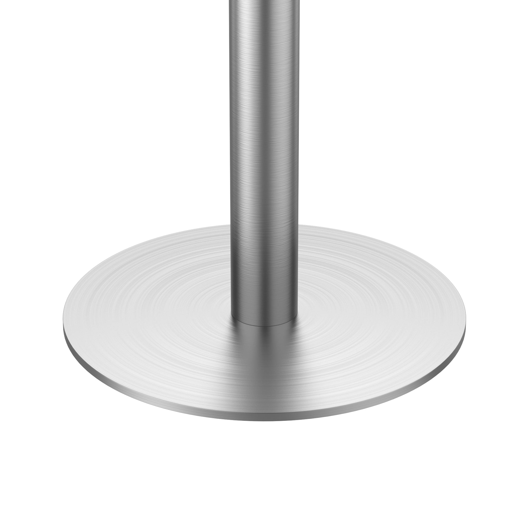 Close-up of the brushed stainless steel round base foot on a white background