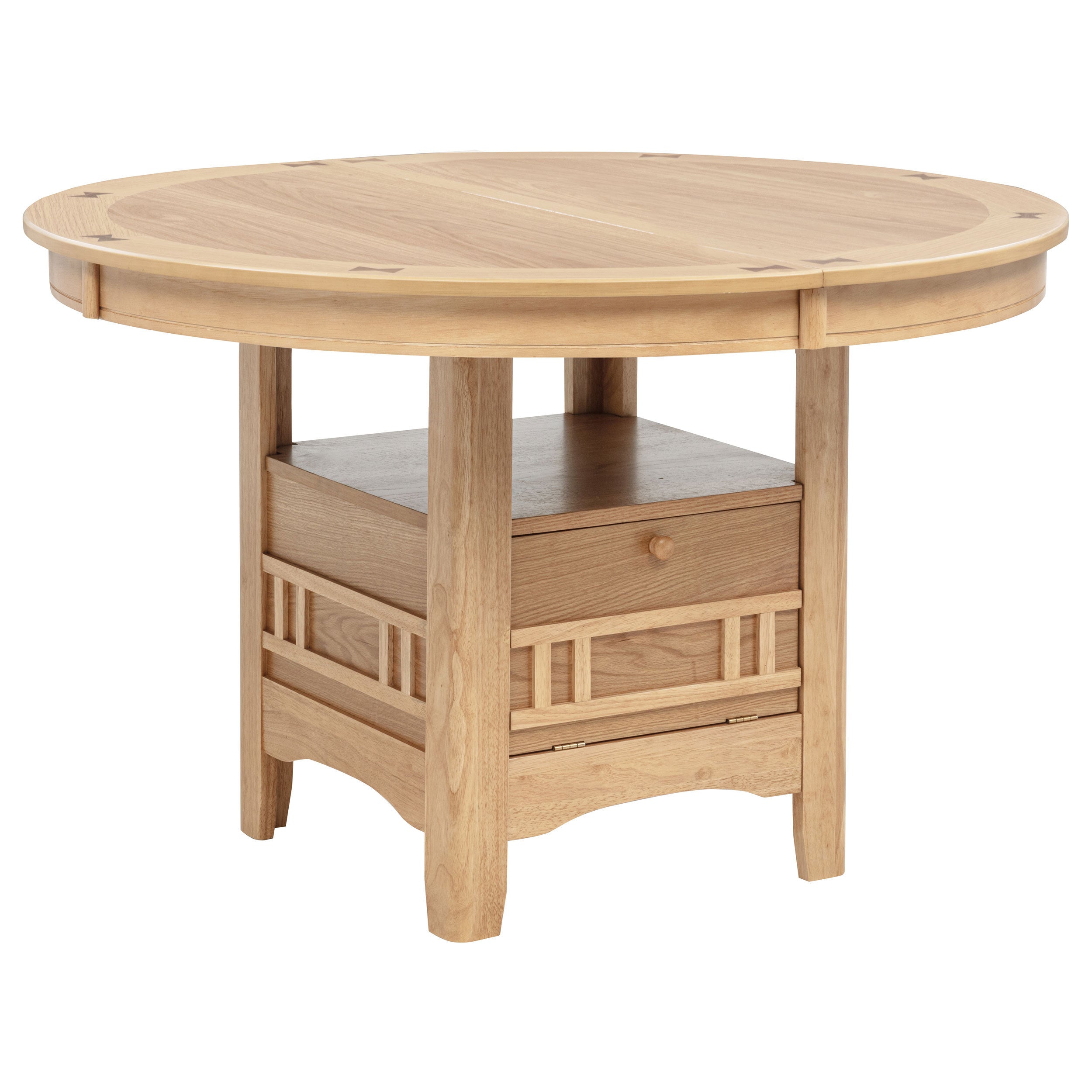 Light oak round dining table with the leaf removed, front view on white studio background