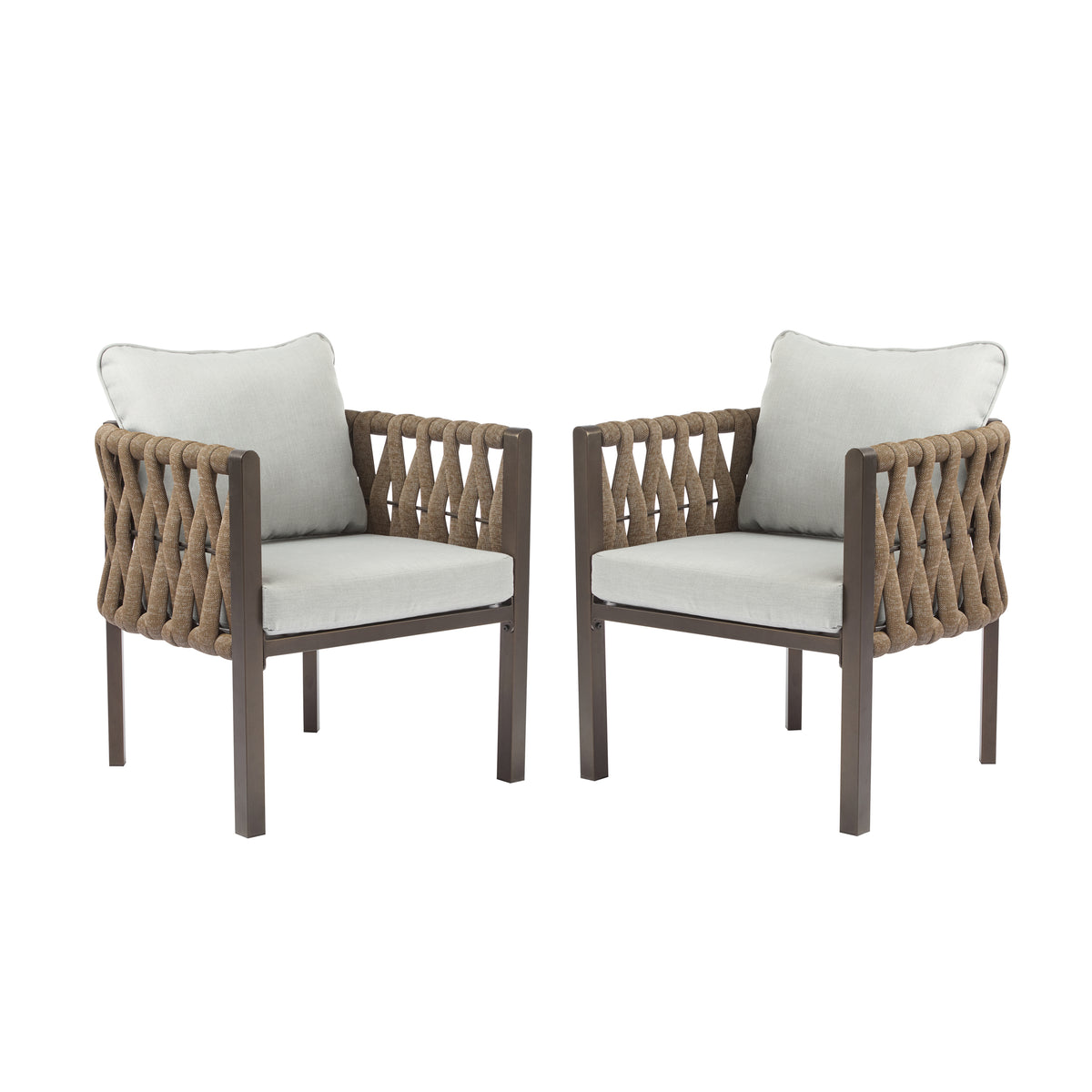 Brown Metal Outdoor Lounge Chair with Cushions, Set of 2