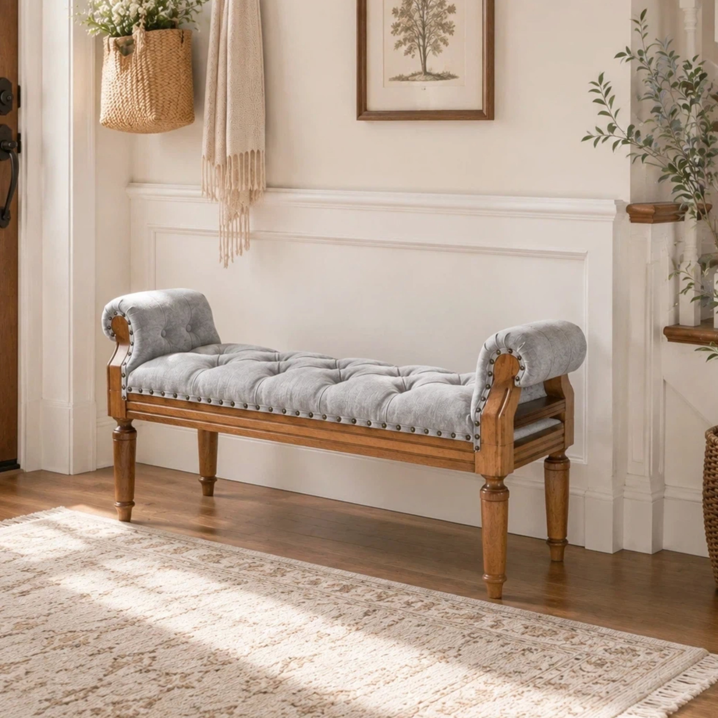 Mid-Century Bench, Grey Tufted Linen End of Bed Bench with Arms