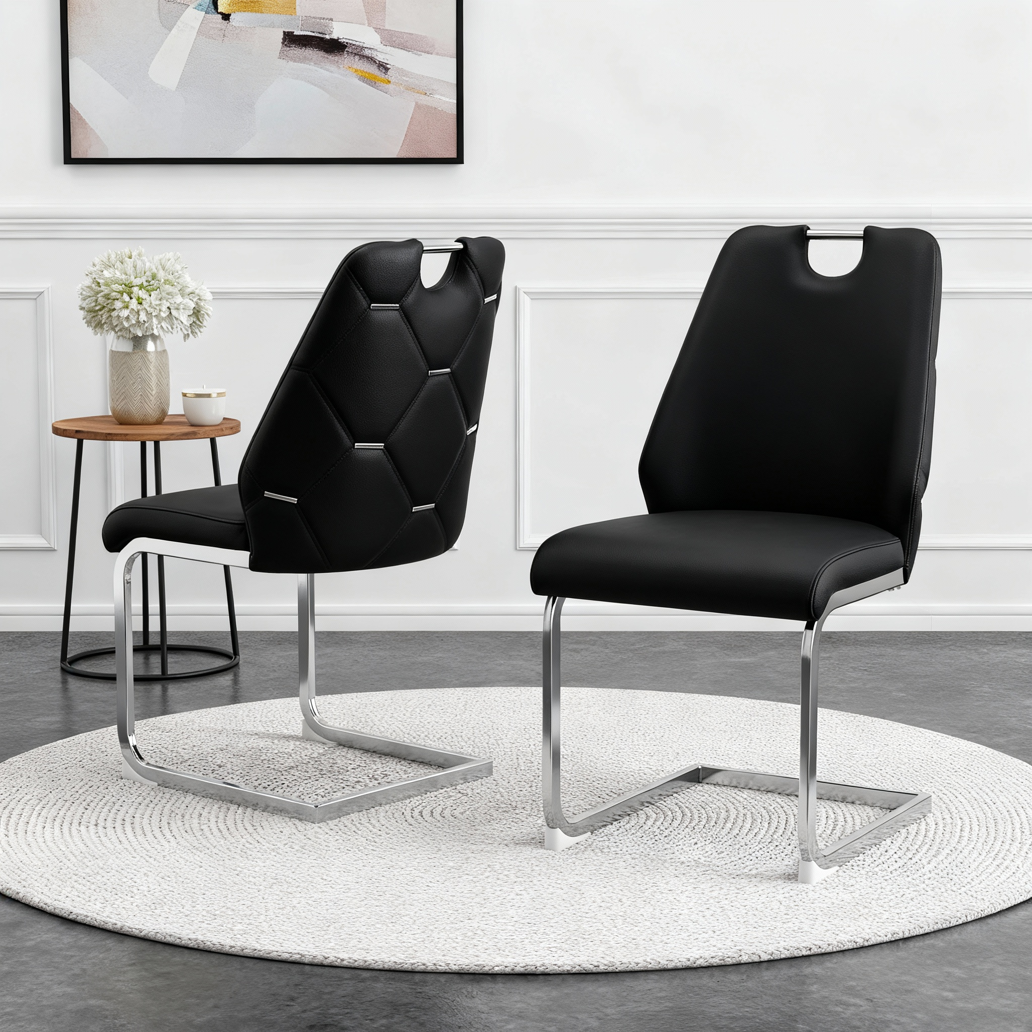 Modern Vegan Leather Dining Chair, Set of 2, Black High Back