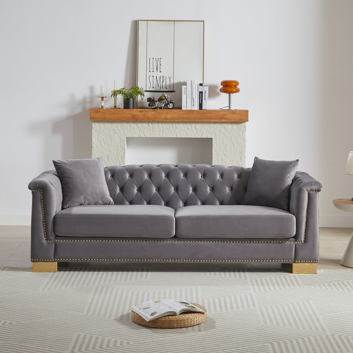 Gray Velvet 3-Seat Chesterfield Sofa, 84 in Wide
