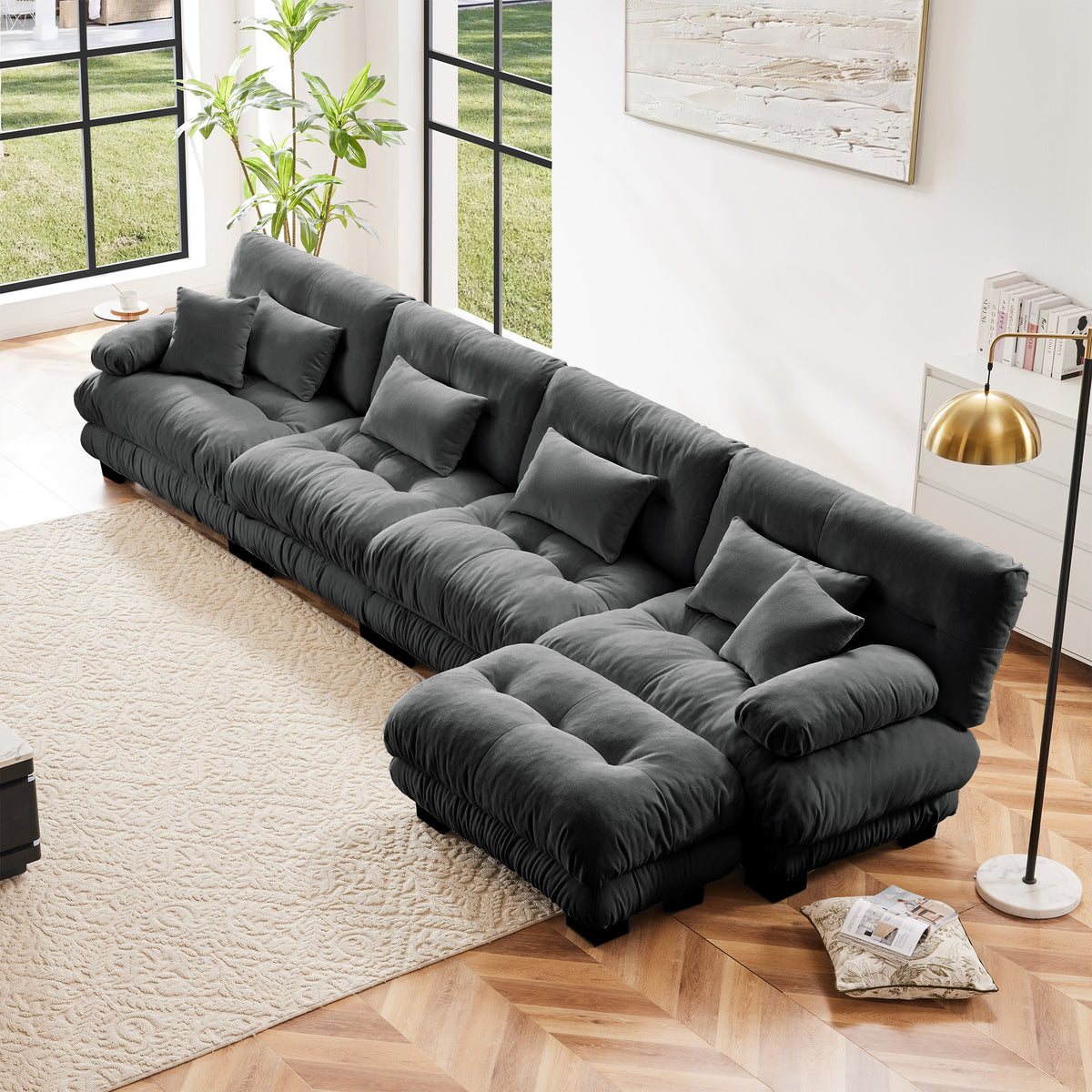 Gray Chenille Modular Sectional Couch with Ottoman