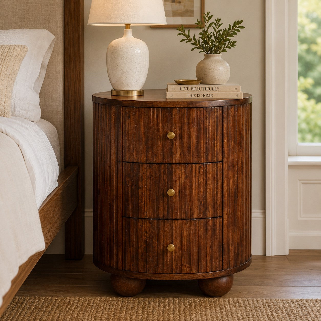 3-Drawer Wood Nightstand with Bun Feet, Brown Bedside Chest