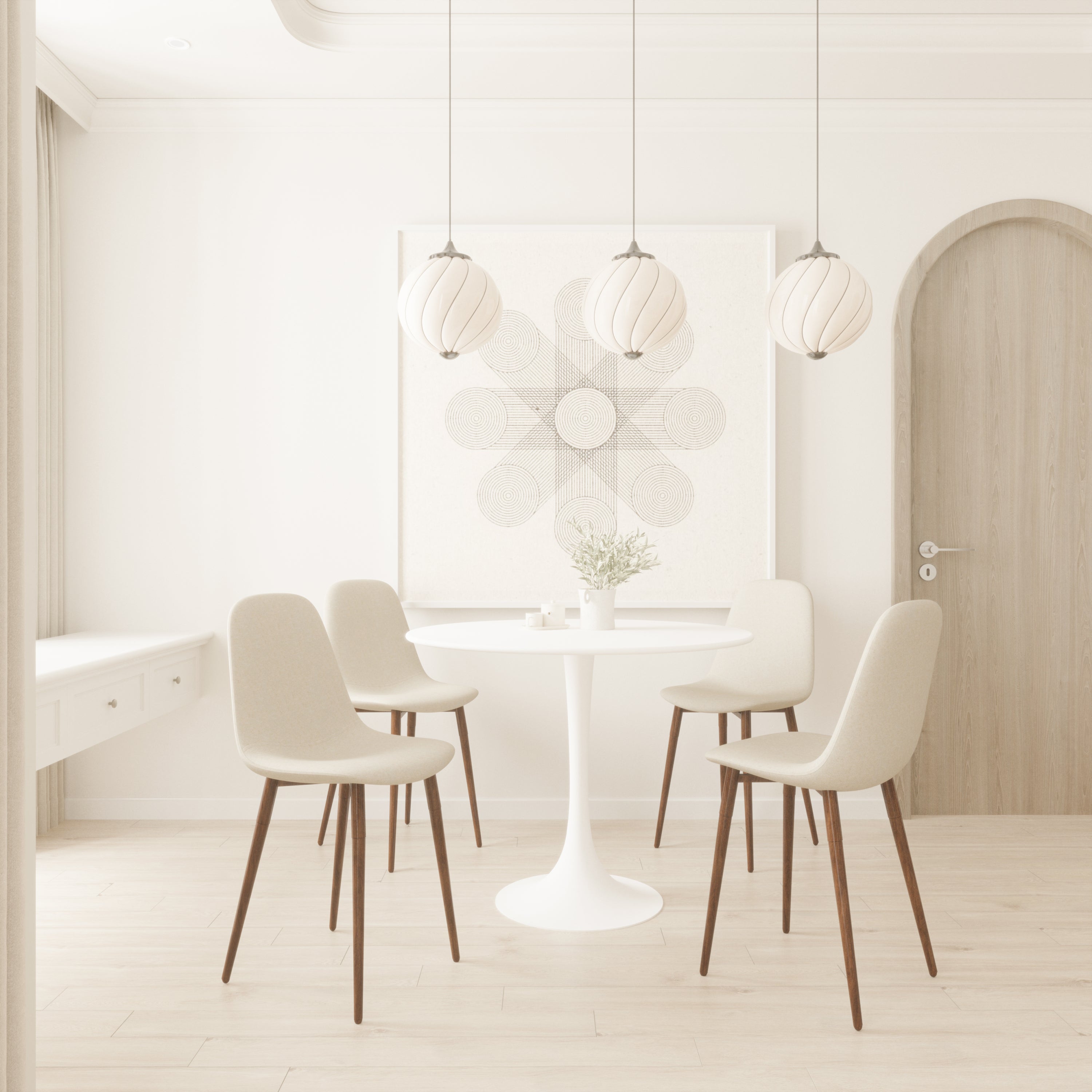 White tulip dining table with four cream chairs under three round pendant lights