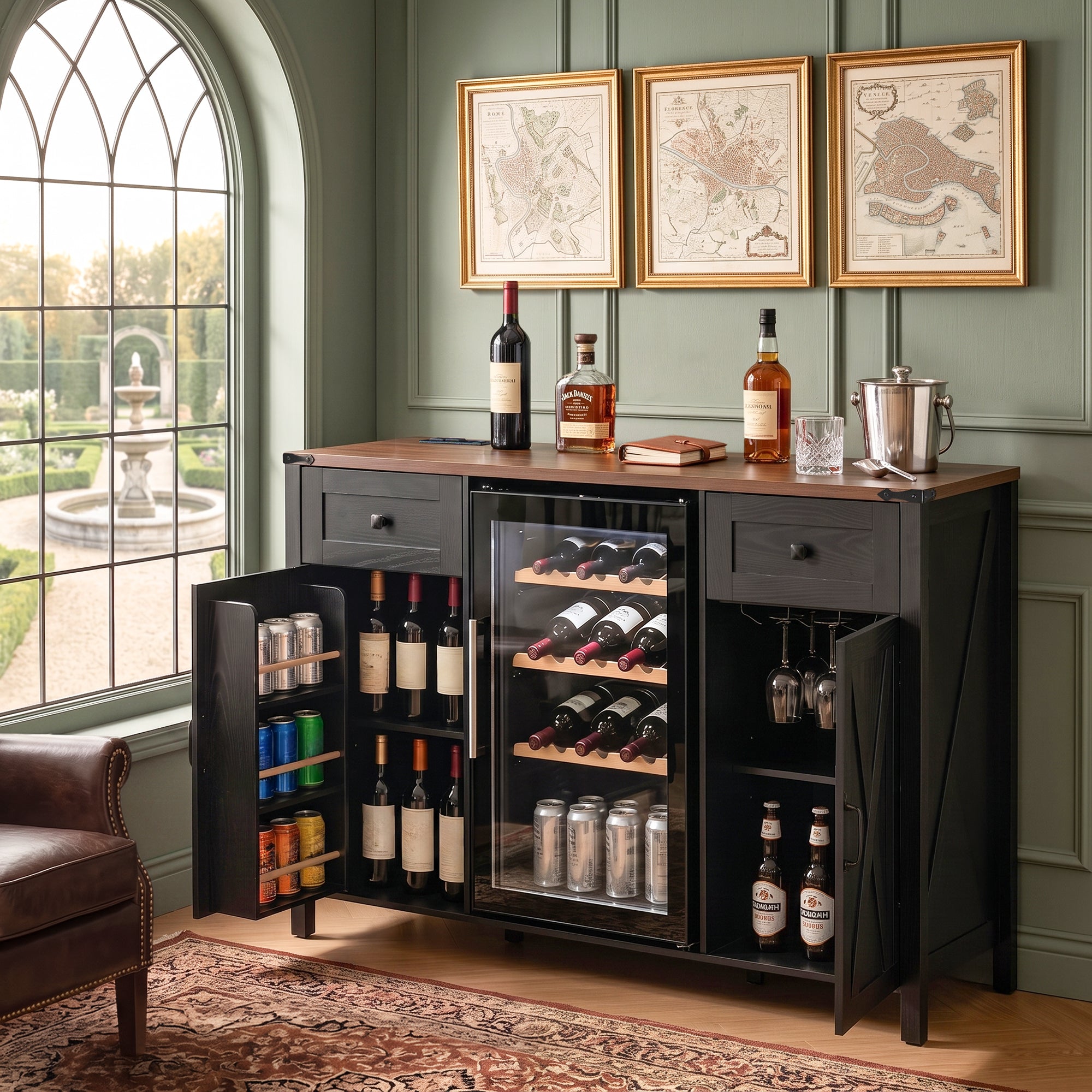 Farmhouse Bar Cabinet with Mini Fridge Space, 53 in, Black