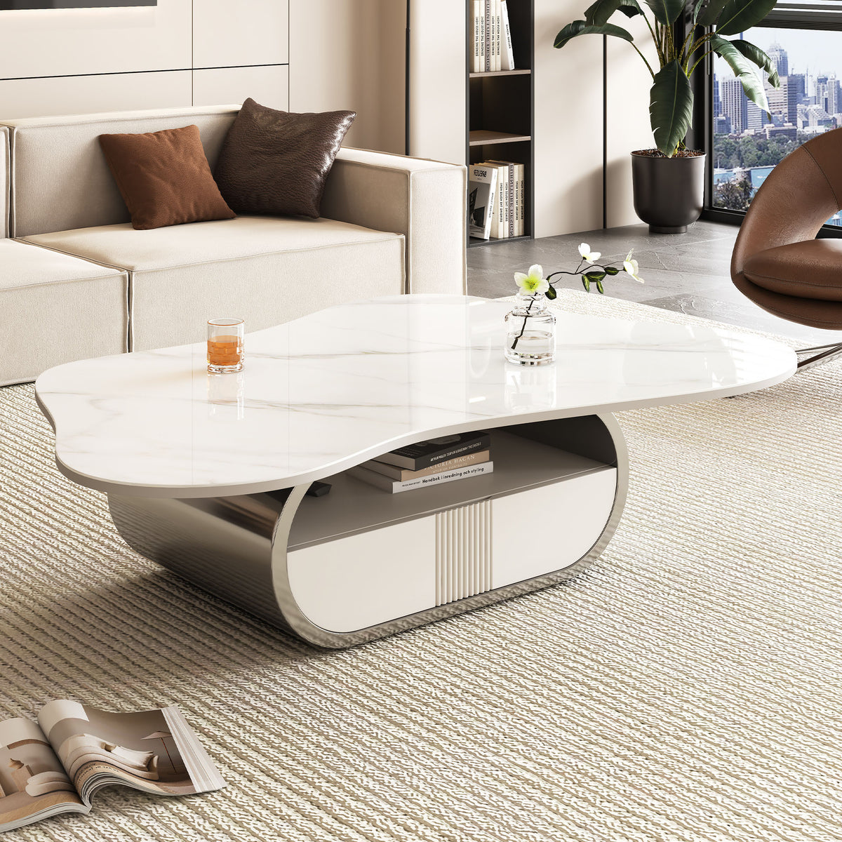 Gray Sintered Stone Oval Coffee Table with Storage, 41.7 in
