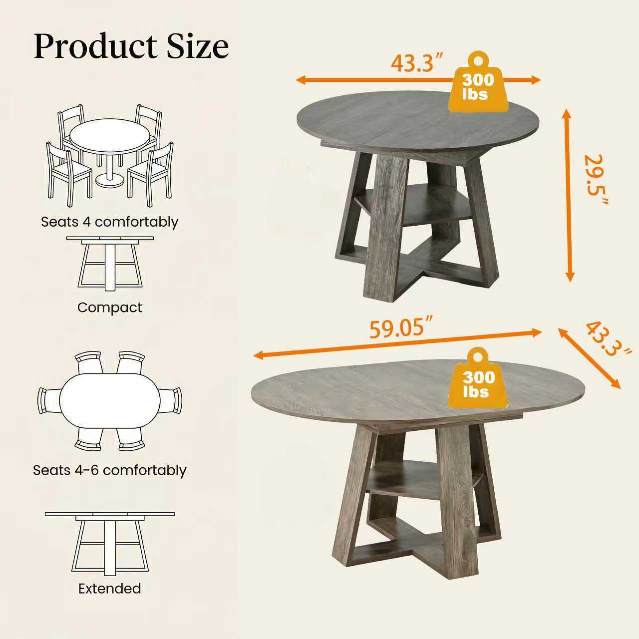 Dimension diagram, 43.3 inch round compact and 59.05 inch extended oval, 29.5 inch height