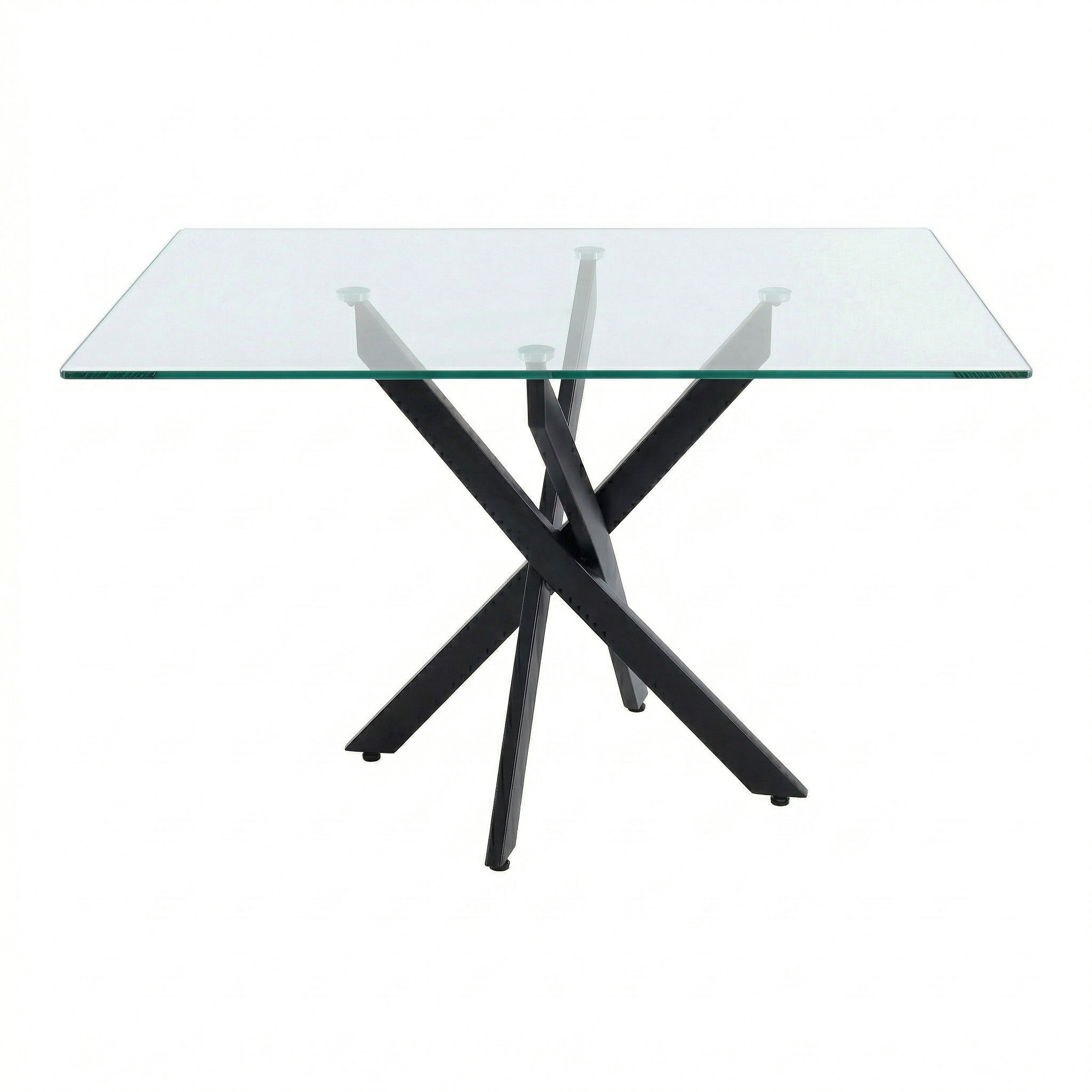 Side-angled catalog view of the glass dining table with black crossed legs on a white background