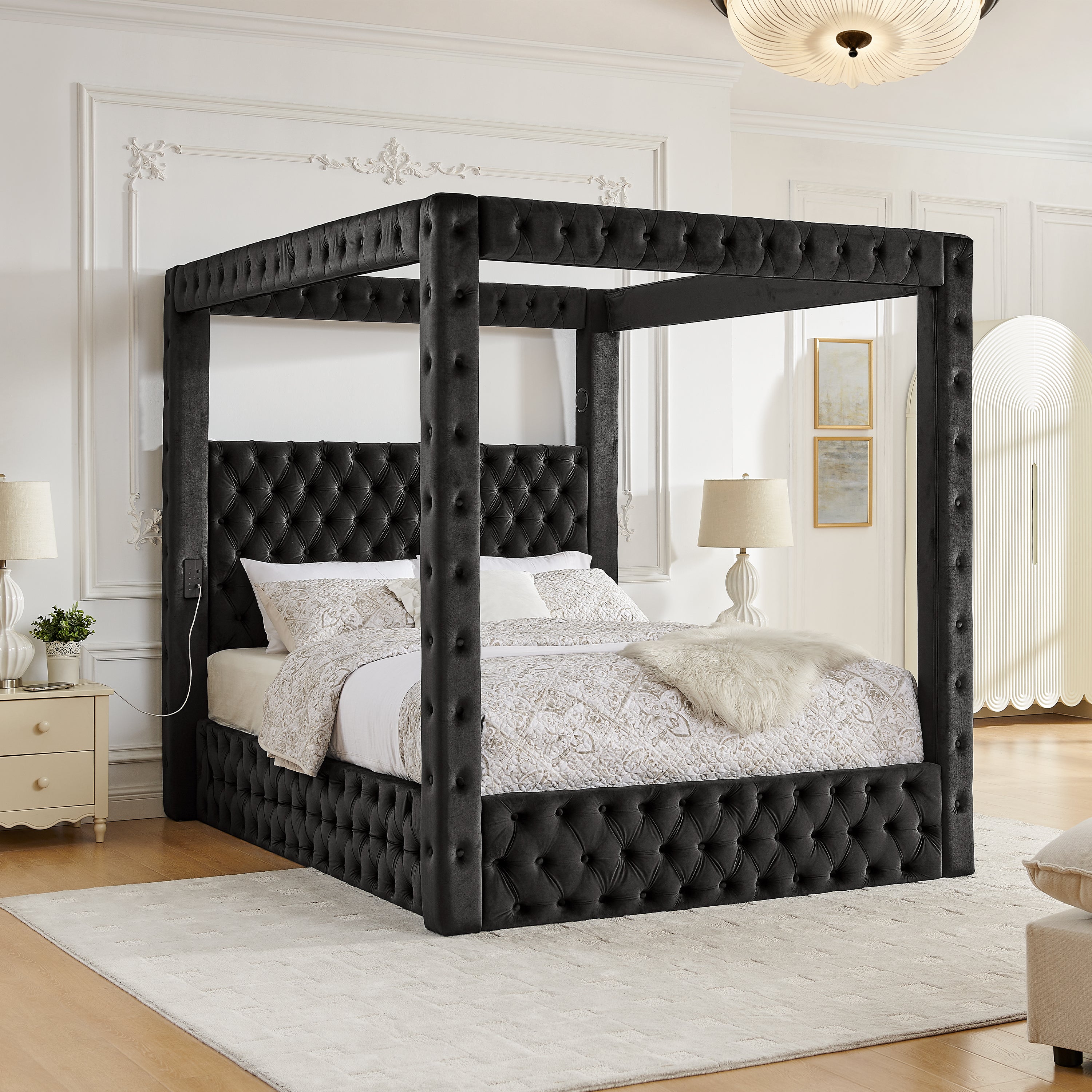 Queen Canopy Bed with USB Charging, Black Velvet Tufted