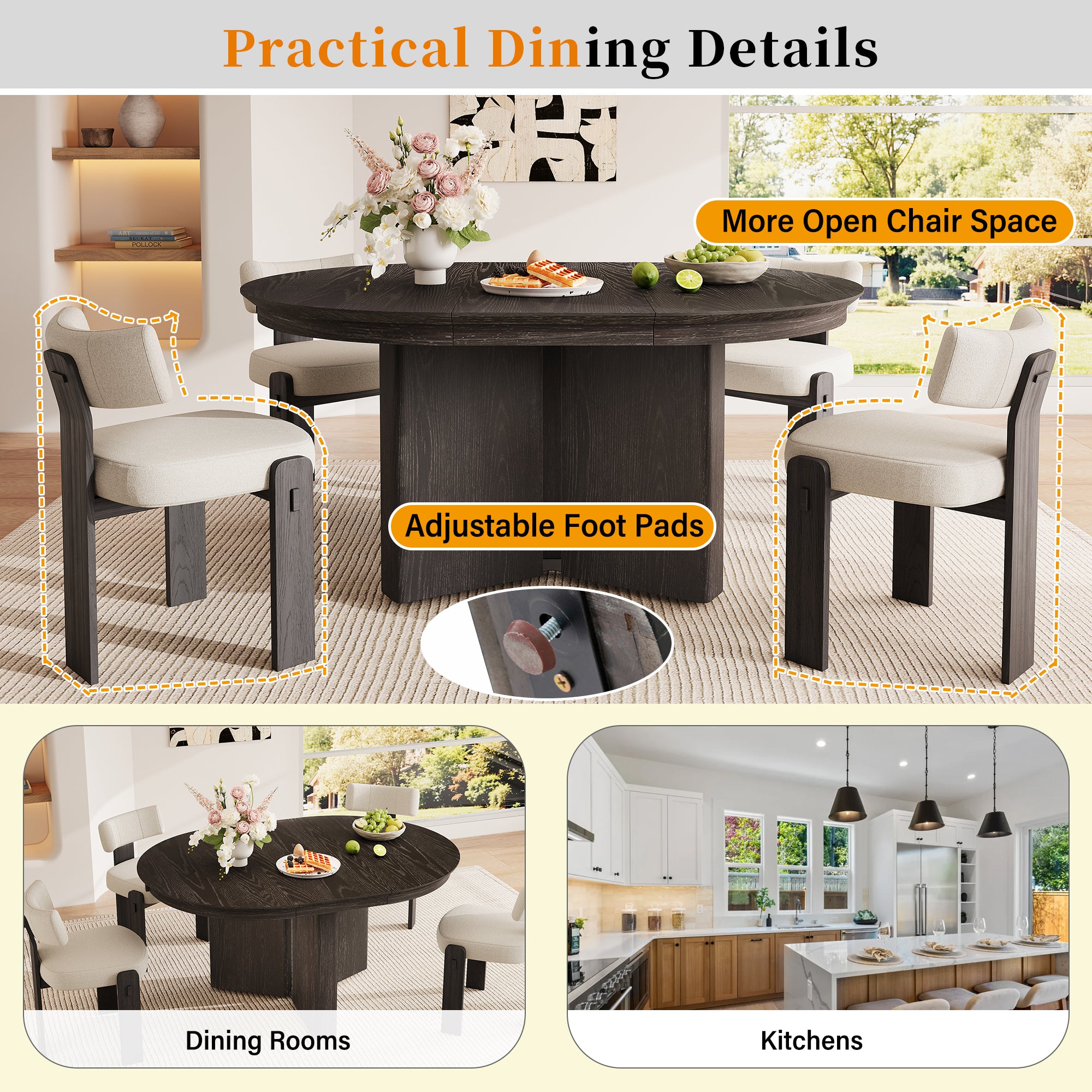 Practical details graphic noting open chair space and adjustable foot pads