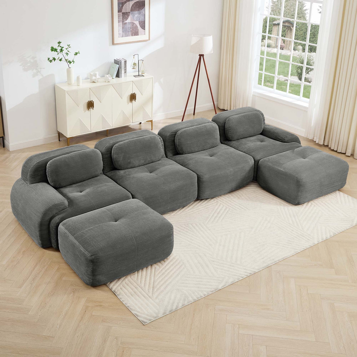 Gray Corduroy U-Shaped Modular Sectional Couch, 4-Seat